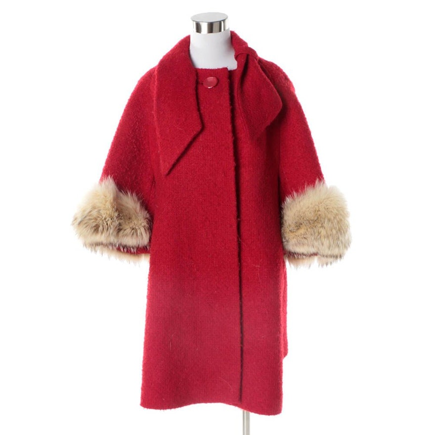 Women's Circa 1960s Vintage Red Bouclé Swing Coat with Raccoon Fur Cuffs