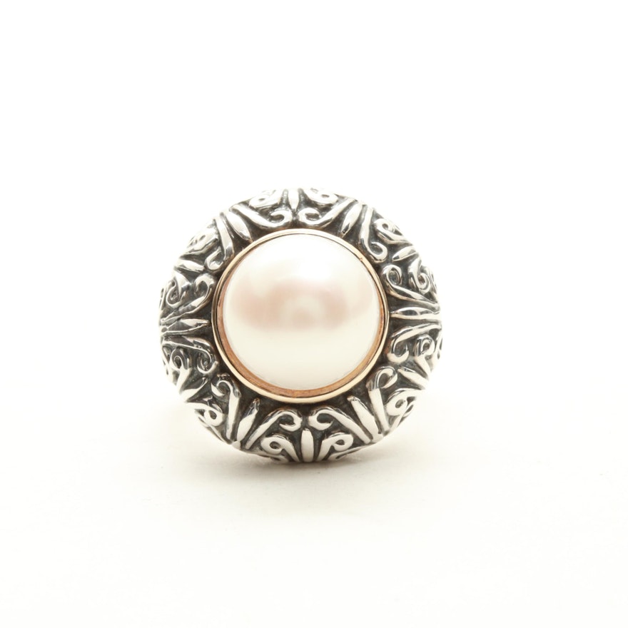 Sterling Silver Cultured Pearl Ring with 14K Yellow Gold Accent