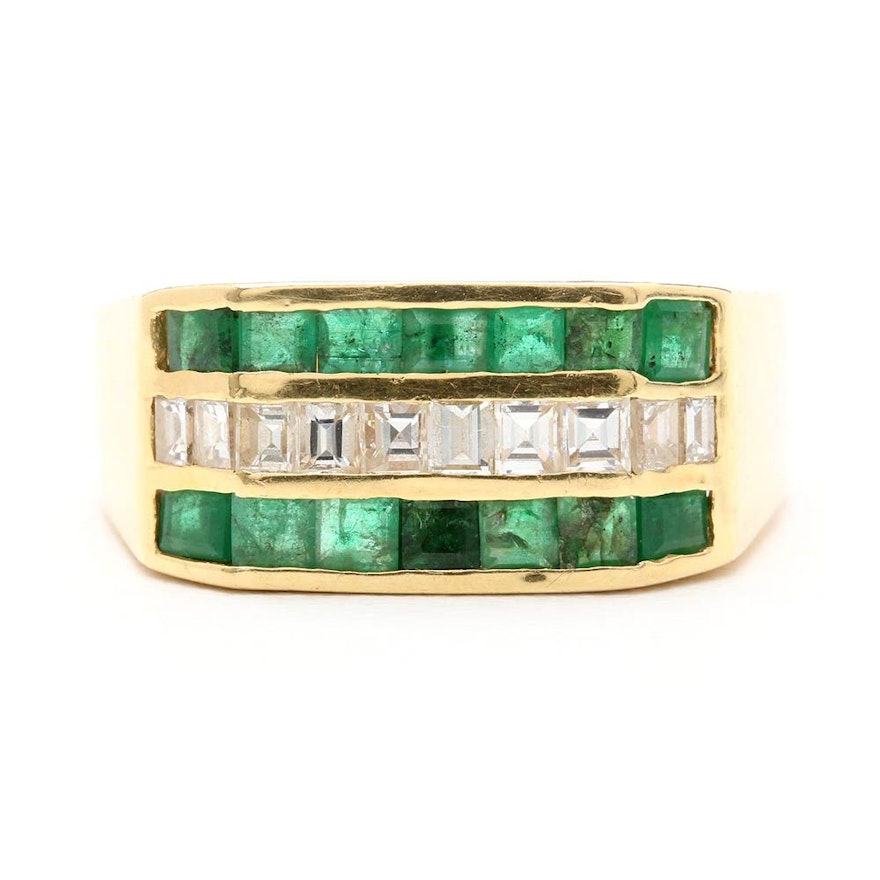 14K and 18K Yellow Gold Diamond and Emerald Ring