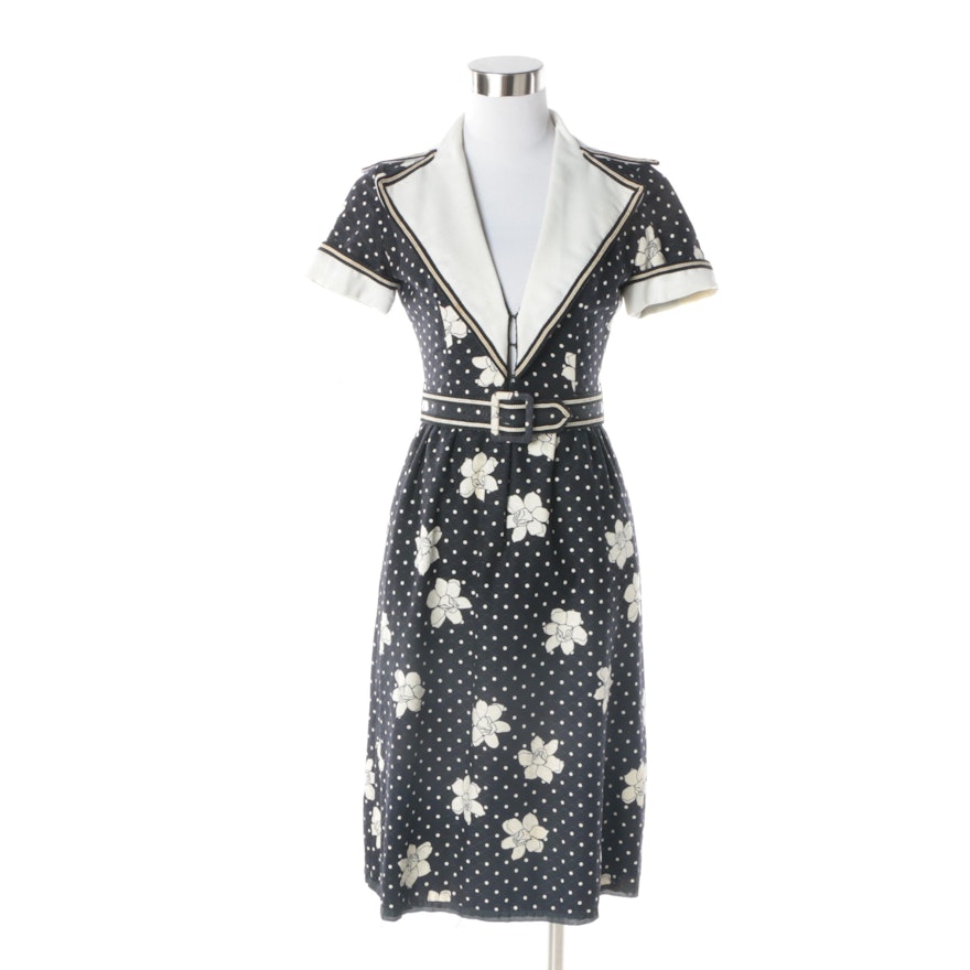 1970s Vintage Oscar de la Renta Boutique Floral Sun Dress with Lapel Collar