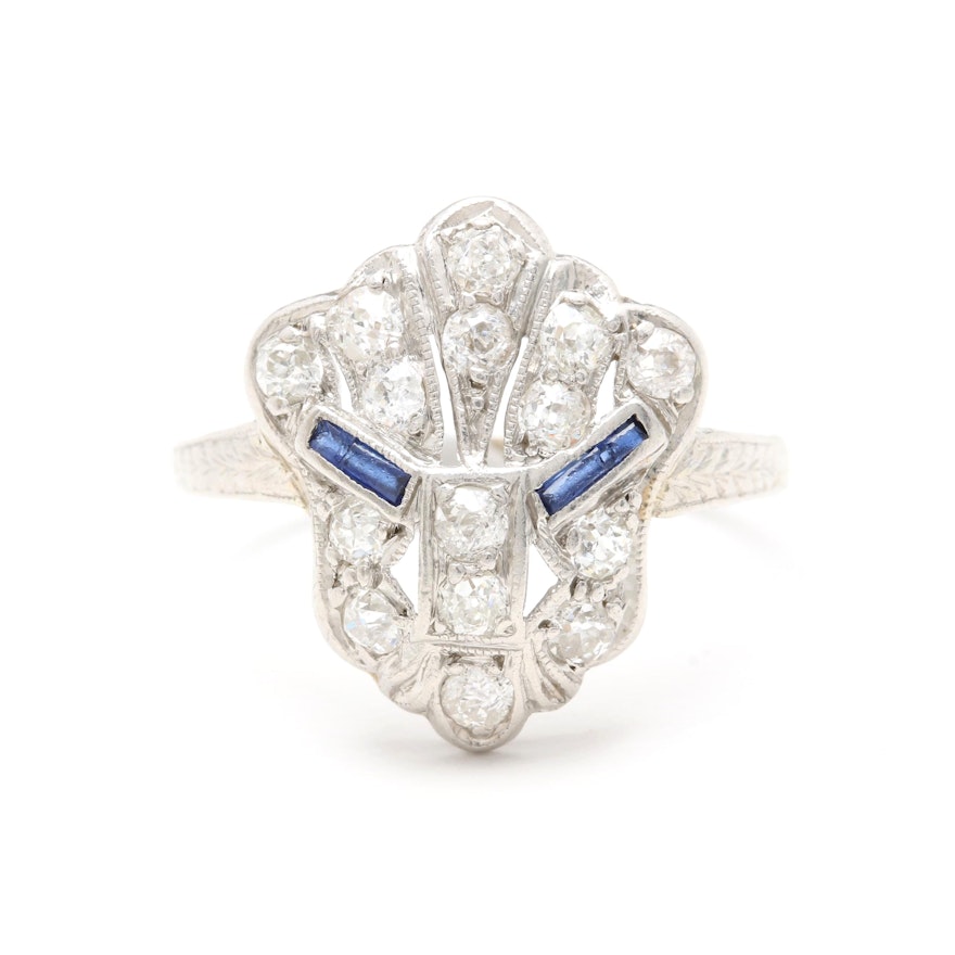 Art Deco Platinum Synthetic Blue Sapphire and Diamond Ring