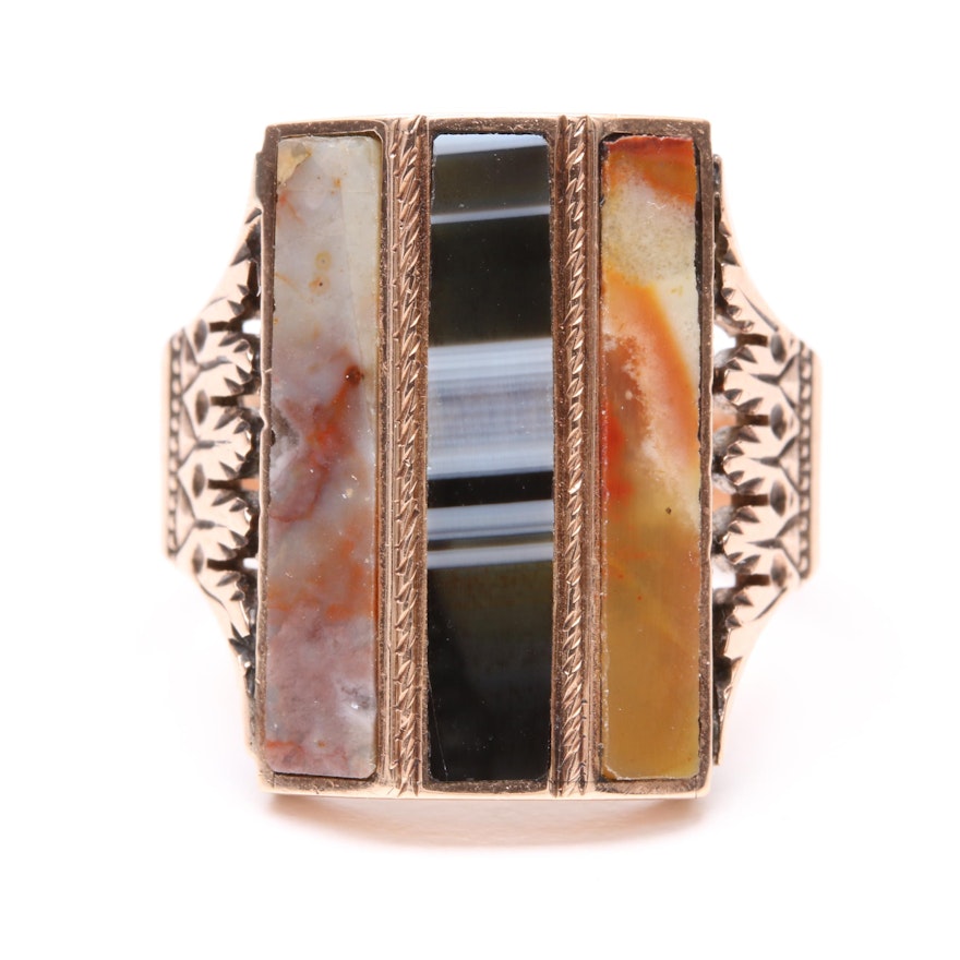 Victorian 10K Yellow Gold Agate and Enamel Ring