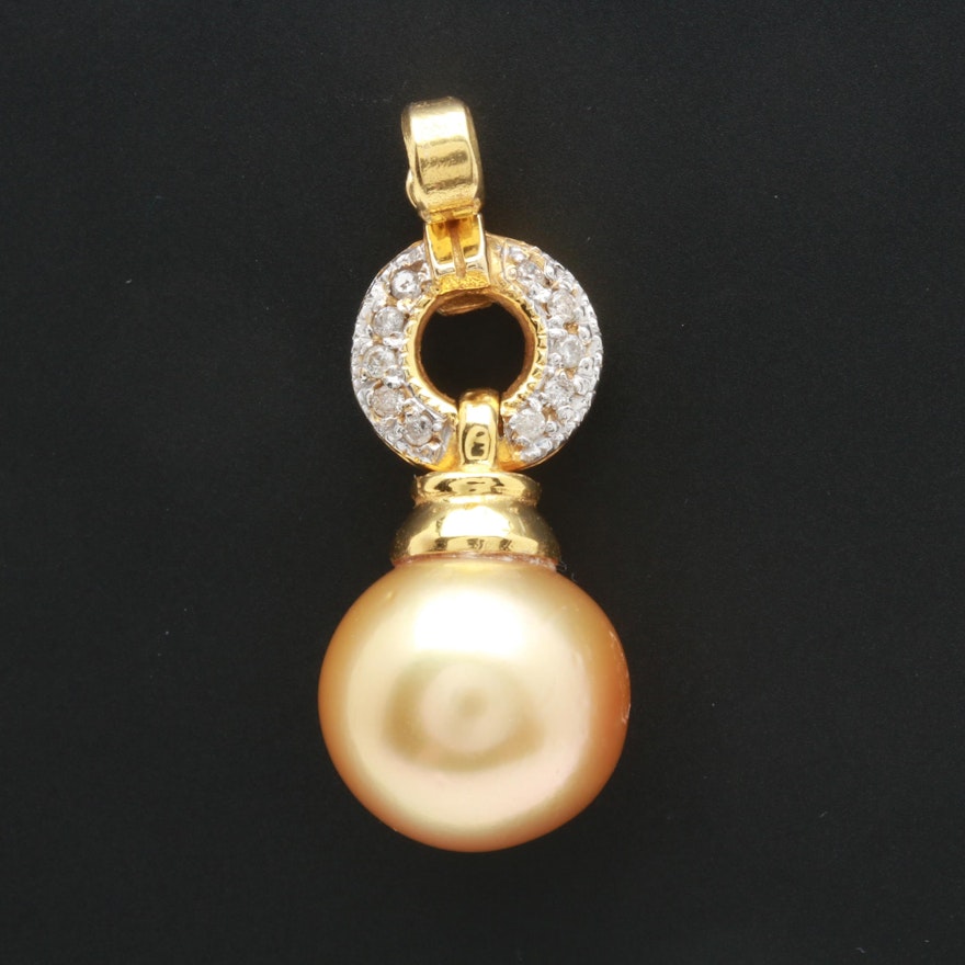 14K Yellow Gold Cultured Pearl and Diamond Dangle Pendant