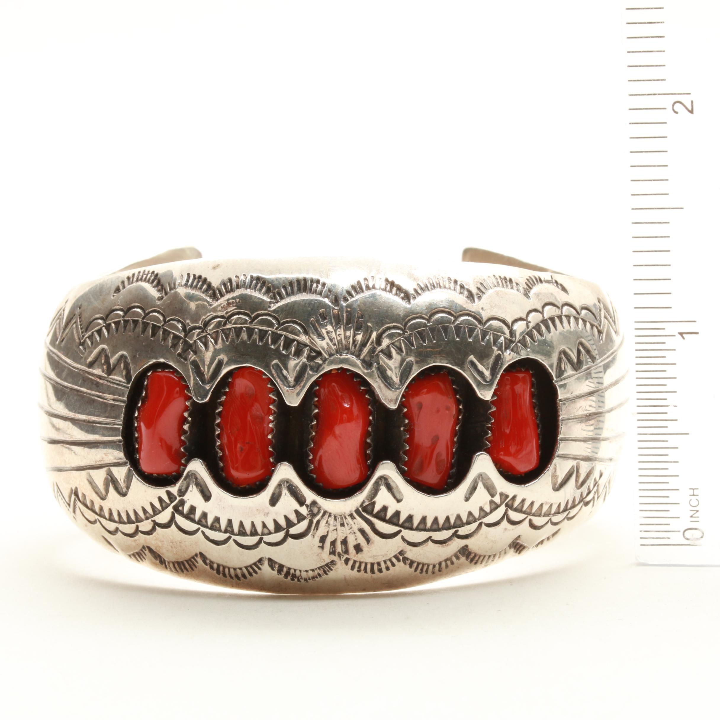 P. Benally Navajo Diné Sterling Silver Shadowbox Coral Cuff Bracelet