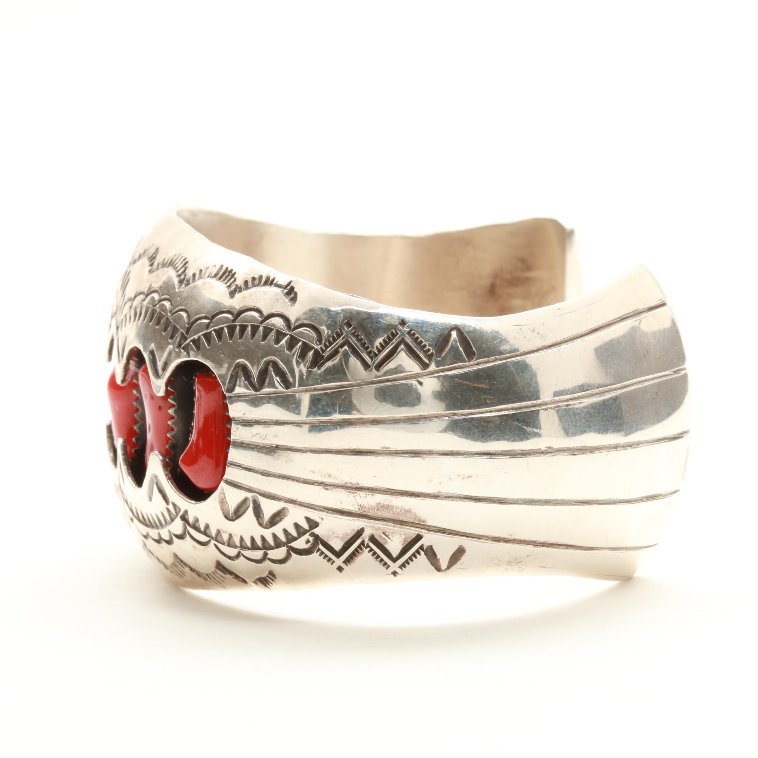 P. Benally Navajo Diné Sterling Silver Shadowbox Coral Cuff Bracelet