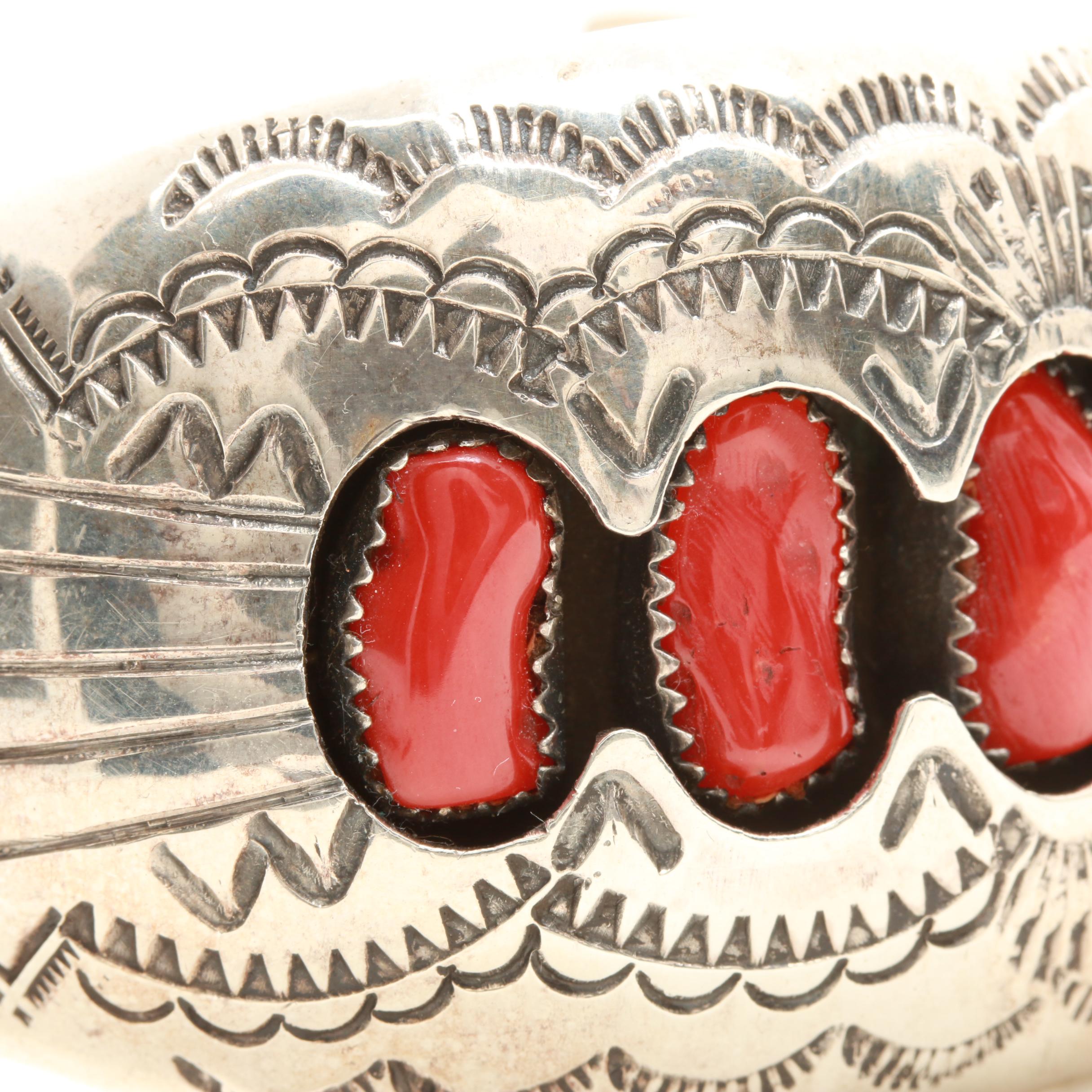 P. Benally Navajo Diné Sterling Silver Shadowbox Coral Cuff Bracelet
