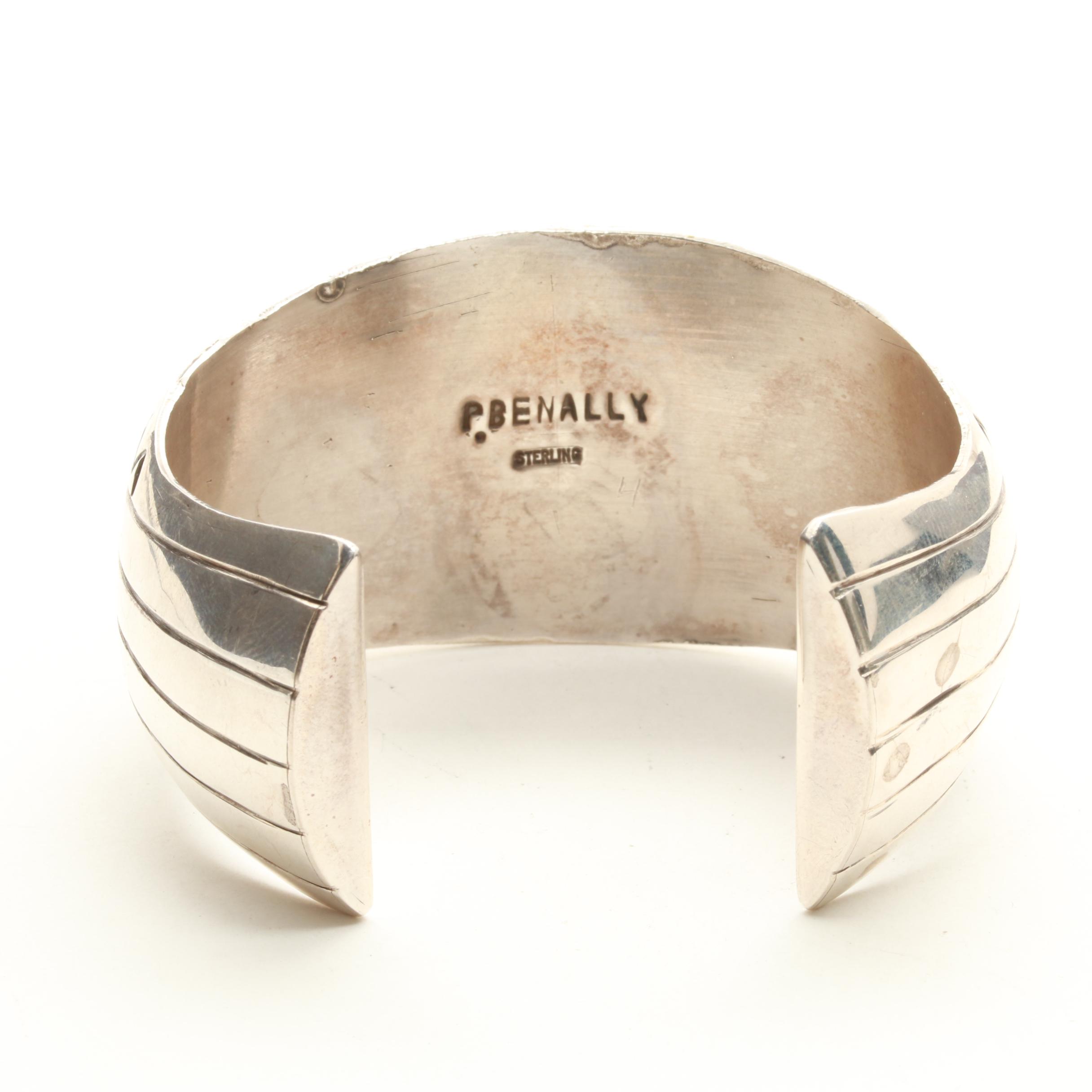 P. Benally Navajo Diné Sterling Silver Shadowbox Coral Cuff Bracelet