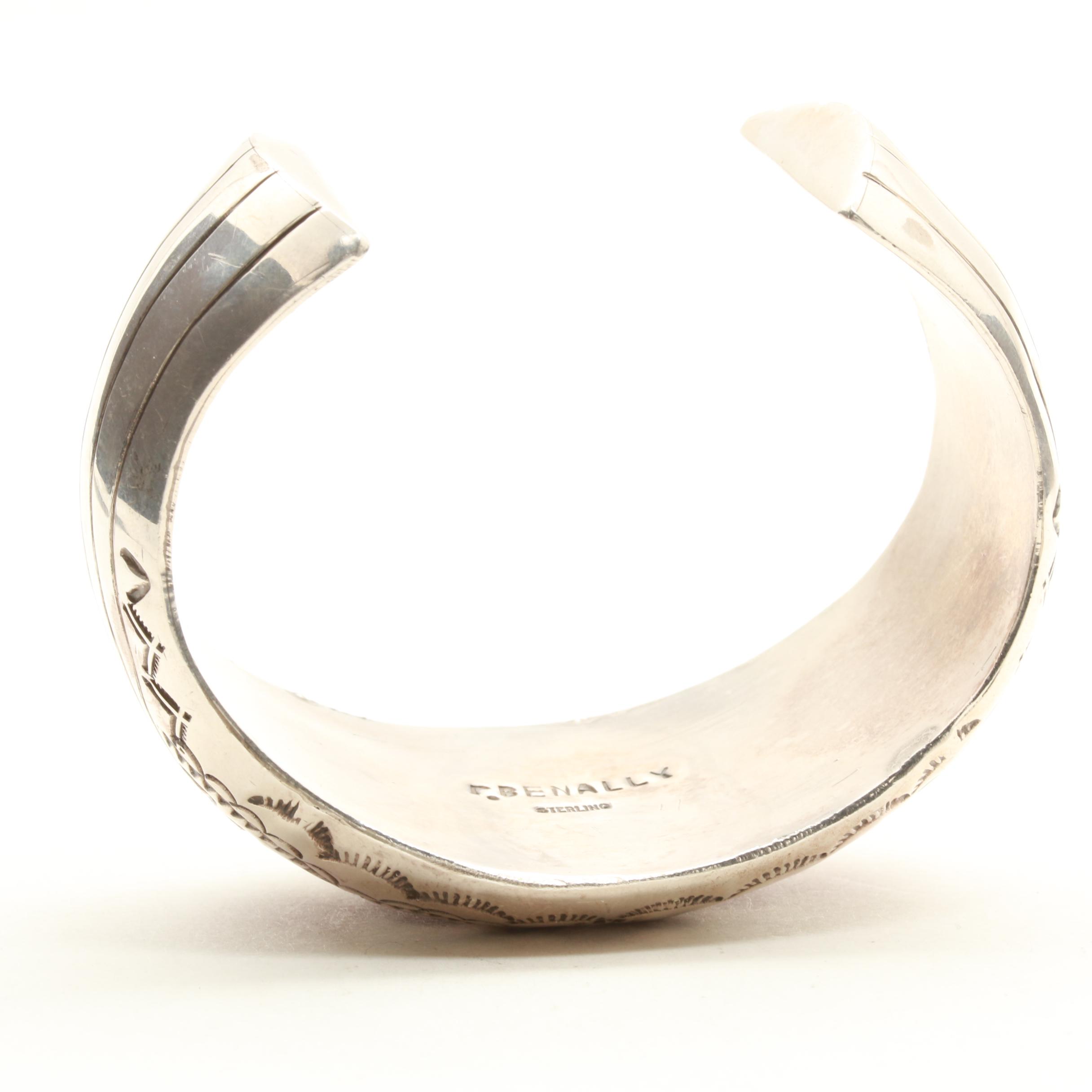 P. Benally Navajo Diné Sterling Silver Shadowbox Coral Cuff Bracelet