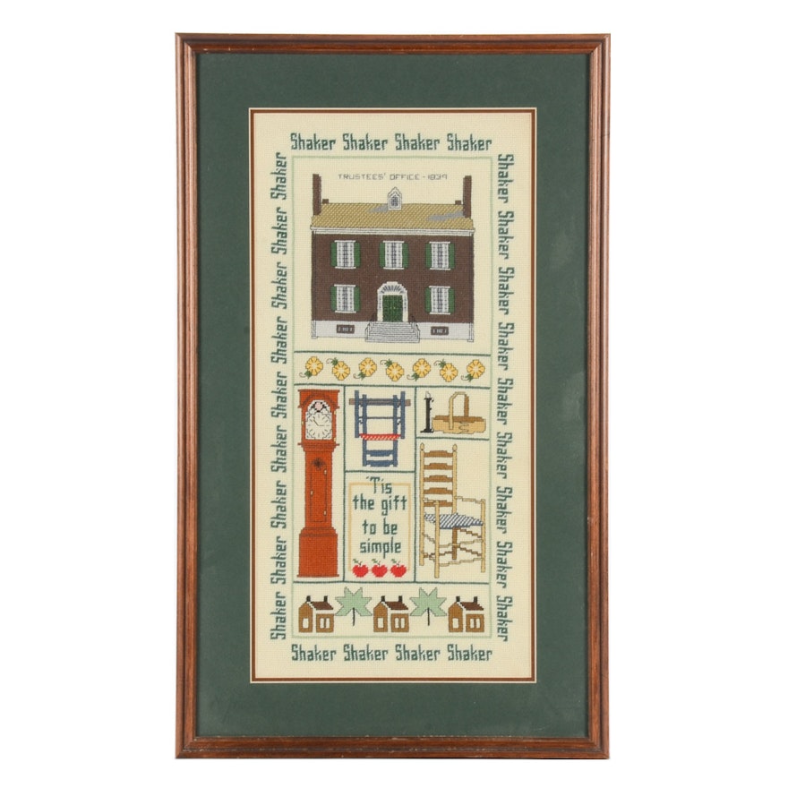 Framed Needlepoint Wall-hanging of Shaker Style Buildings and Furniture