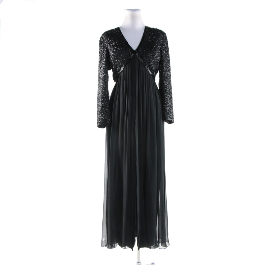 Stephen Yearick Black Maxi Evening Dress with Beaded Bodice and Chiffon Skirt