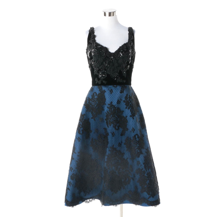 Vintage Custom Blue Satin and Black Floral Lace Beaded Sleeveless Evening Dress