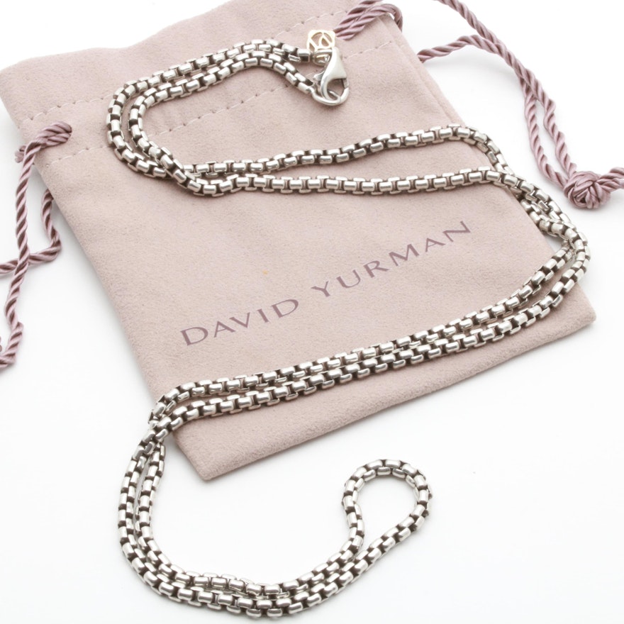 David Yurman Sterling Silver Box Chain Necklace with 18K Gold Hang Tag