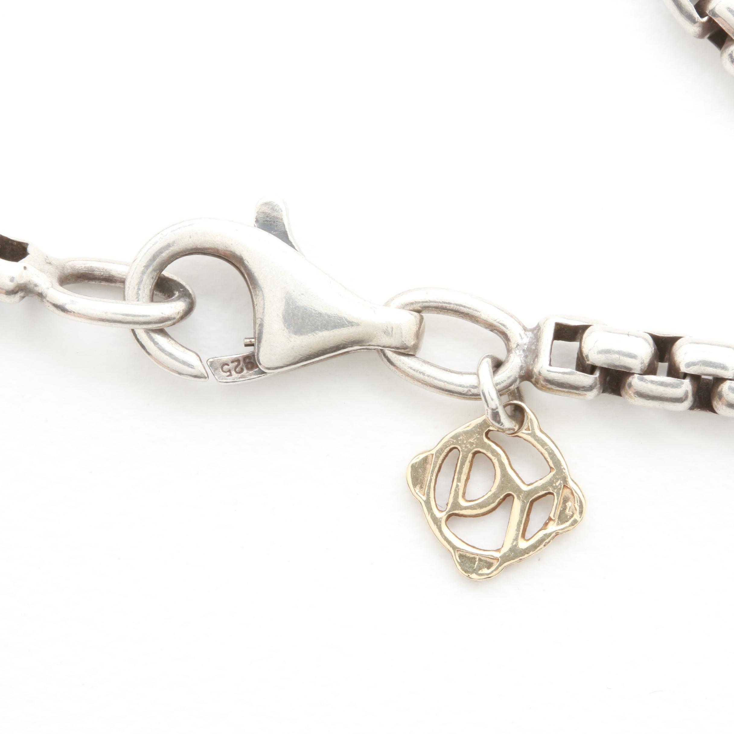 David Yurman Sterling Silver Box Chain Necklace with 18K Gold Hang Tag