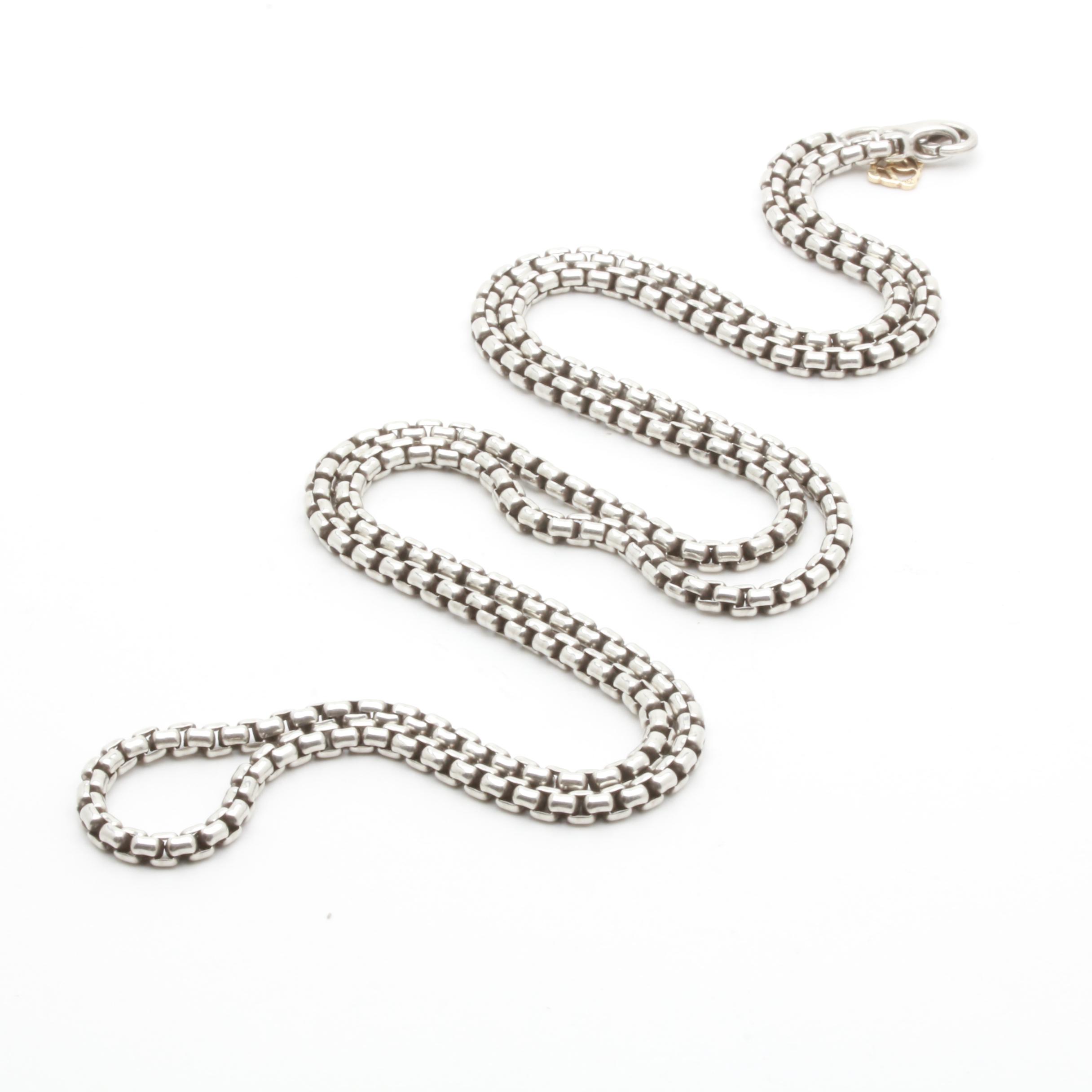 David Yurman Sterling Silver Box Chain Necklace with 18K Gold Hang Tag