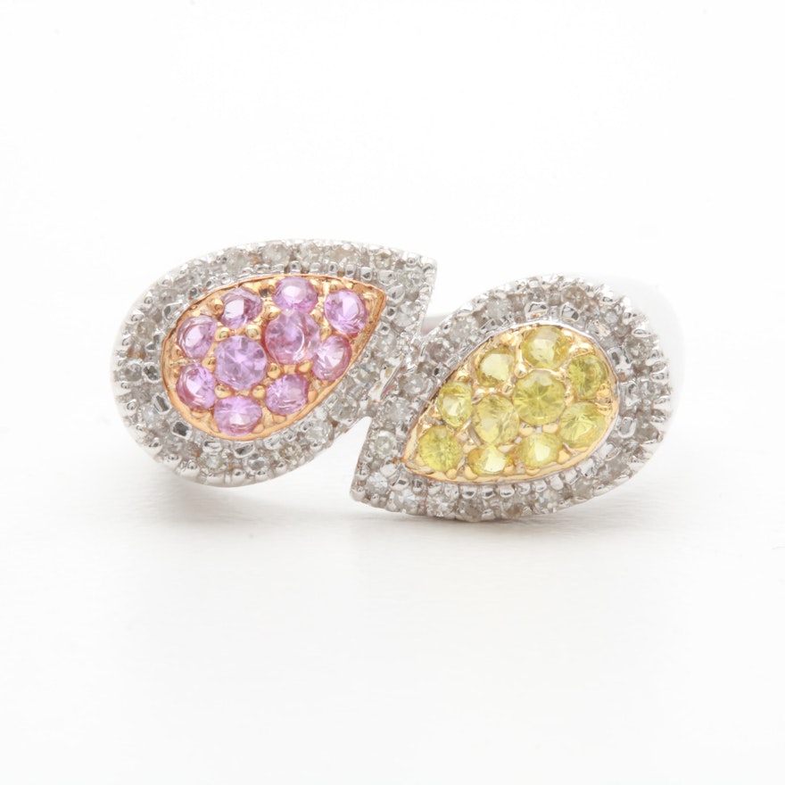 14K White Gold Pink Sapphire, Yellow Sapphire, and Diamond Ring