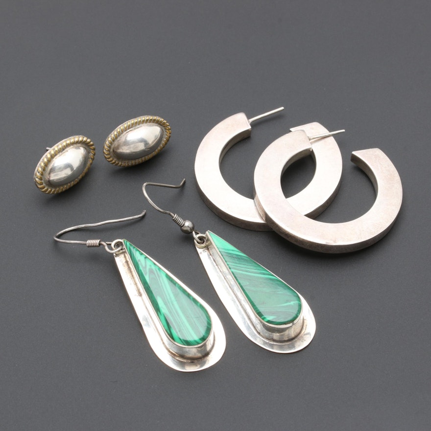 Sterling Silver Earrings Including Imitation Malachite and Taxco Pieces