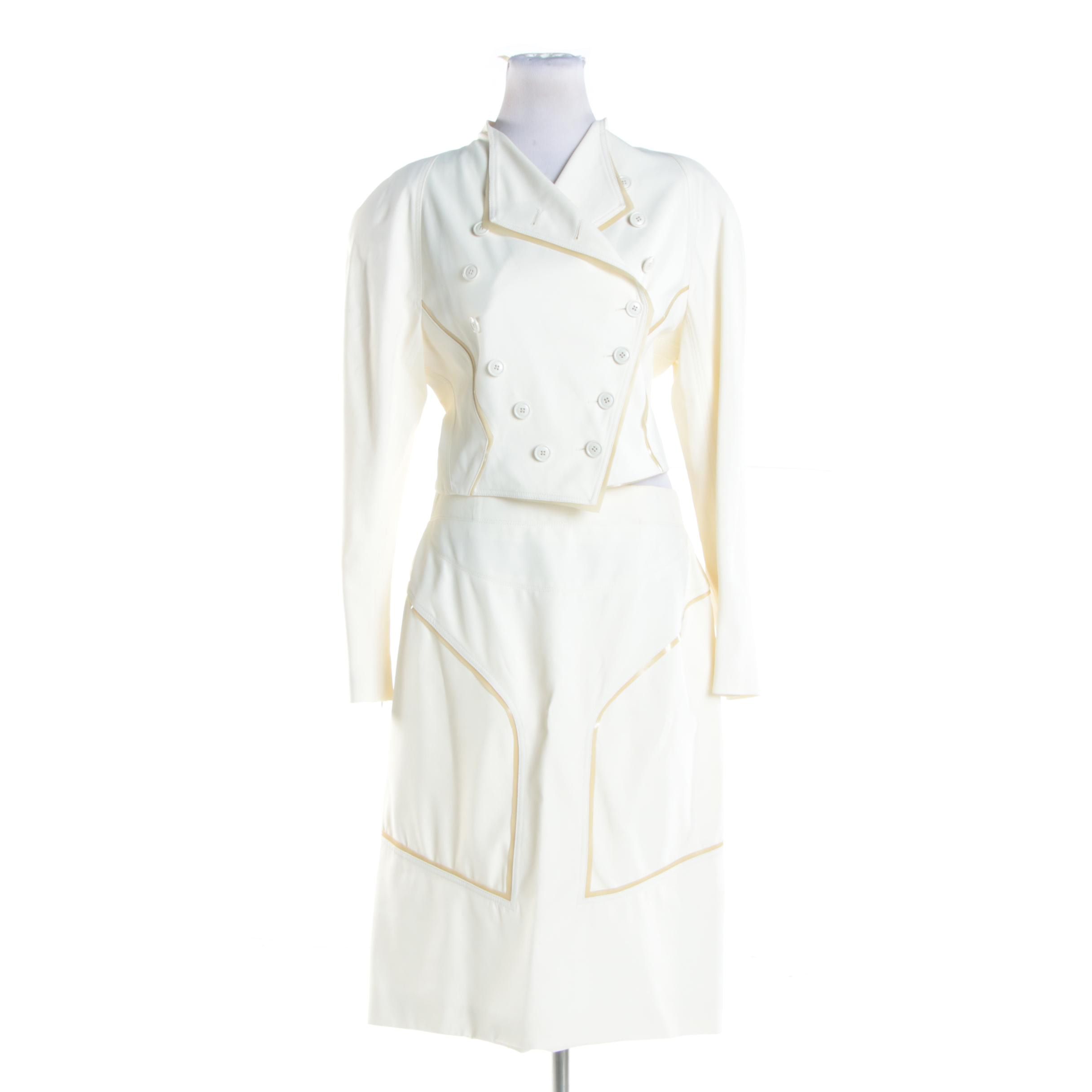 Late 1990s Balenciaga of Paris Structured Cream Skirt Suit