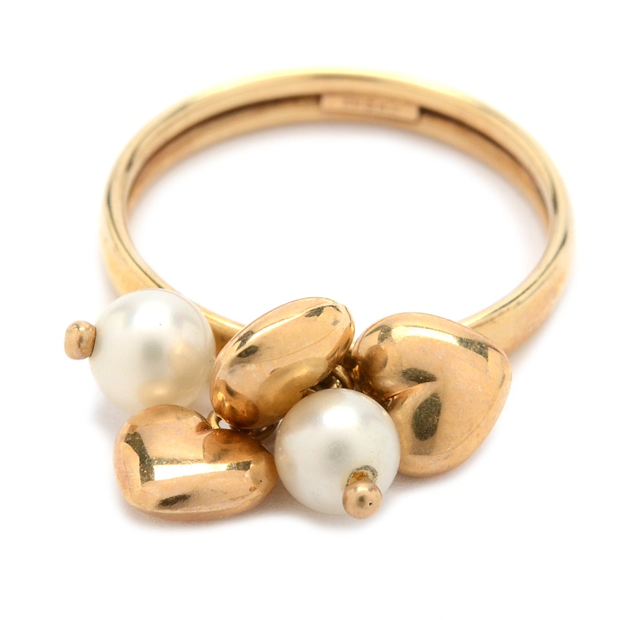 14K Yellow Gold Cultured Pearl and Heart Charm Ring