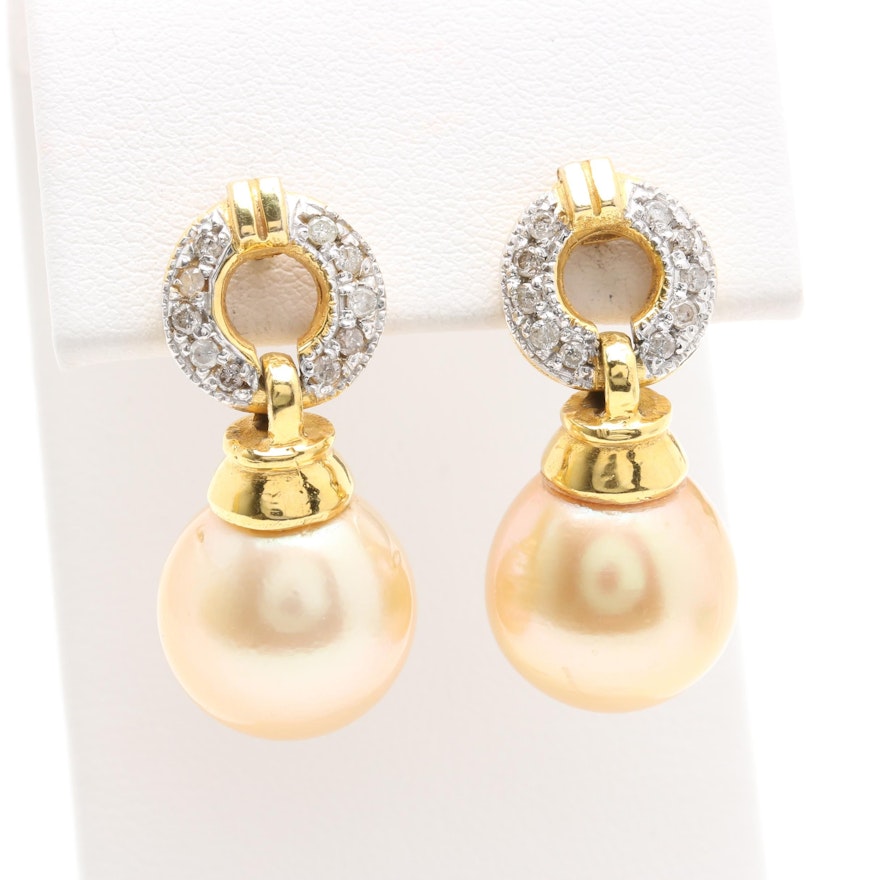 14K Yellow Gold Cultured Pearl and Diamond Dangle Earrings