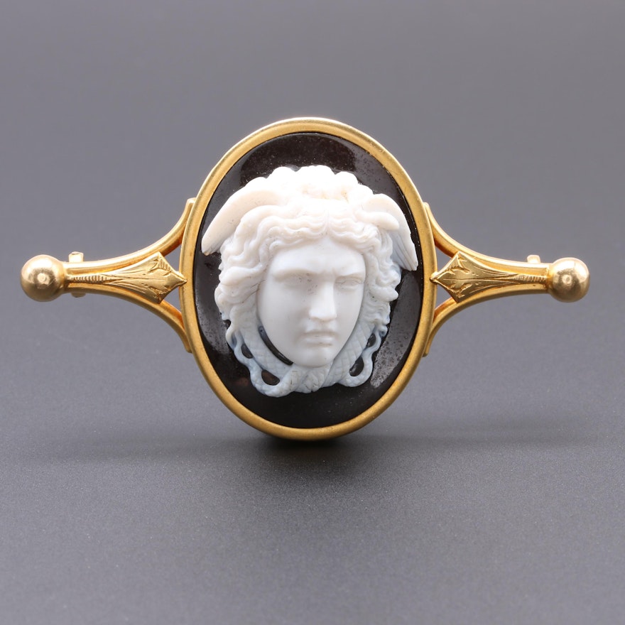 Victorian 14K Yellow Gold Onyx Hermes Cameo Brooch