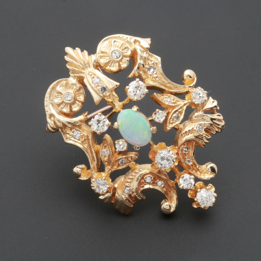 Vintage 14K Yellow Gold Opal and Diamond Converter Brooch