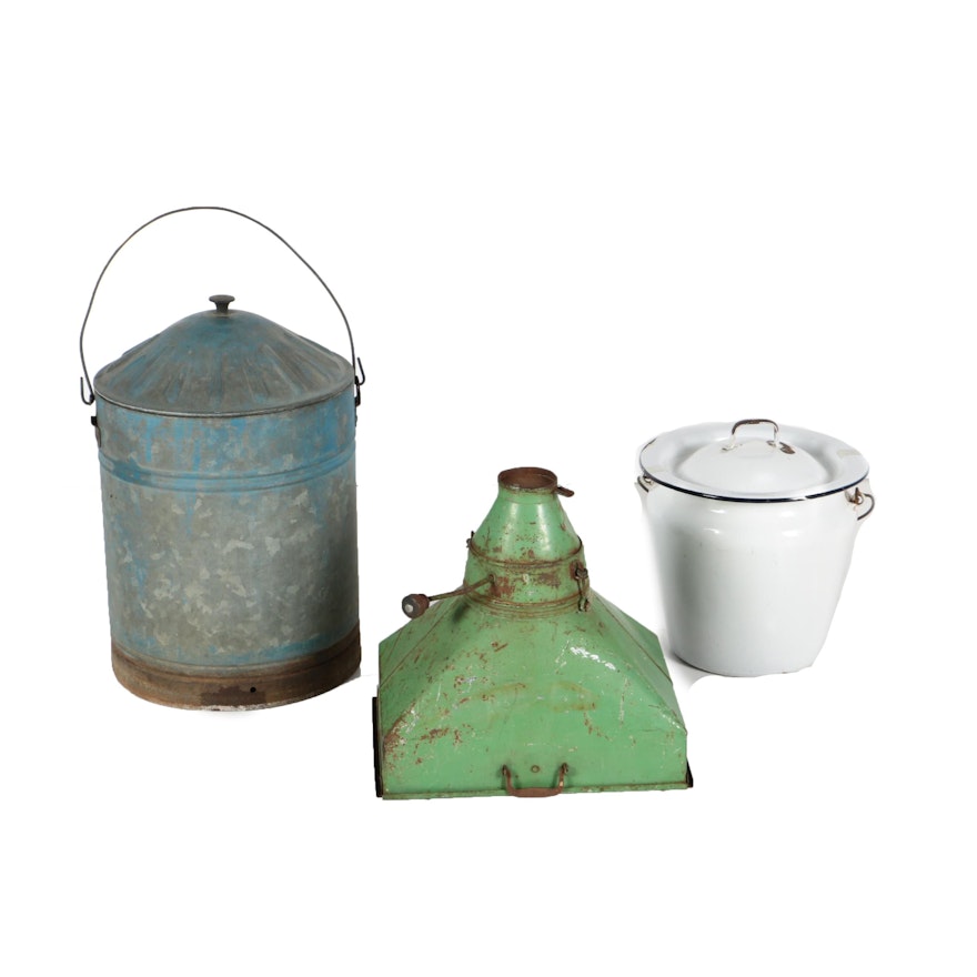 Enamel Pan, Commercial Sifter and Metal Jug