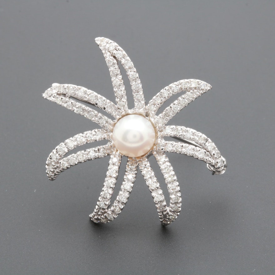 14K White Gold Cultured Pearl and Diamond Brooch