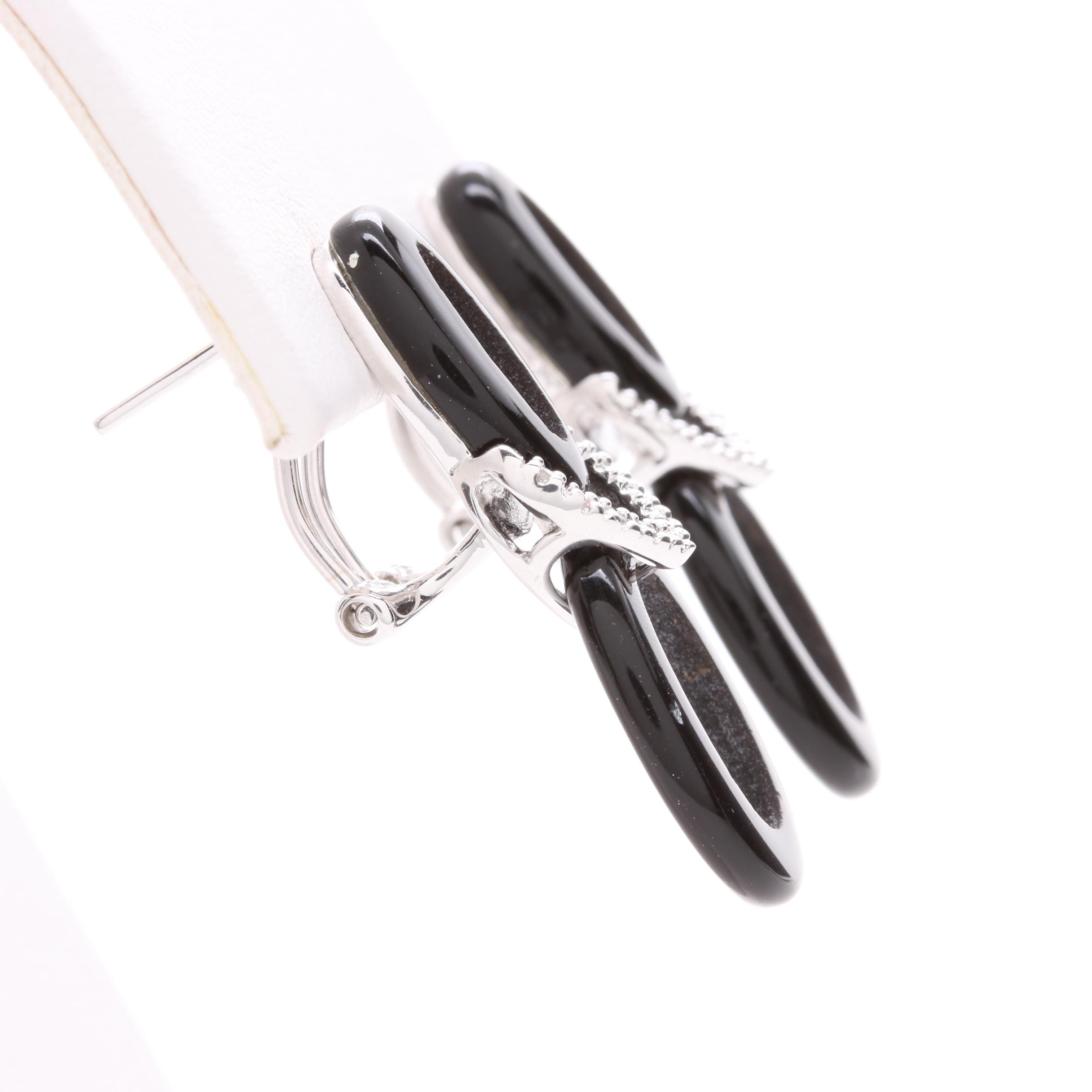 14K White Gold Imitation Onyx and Diamond Earrings