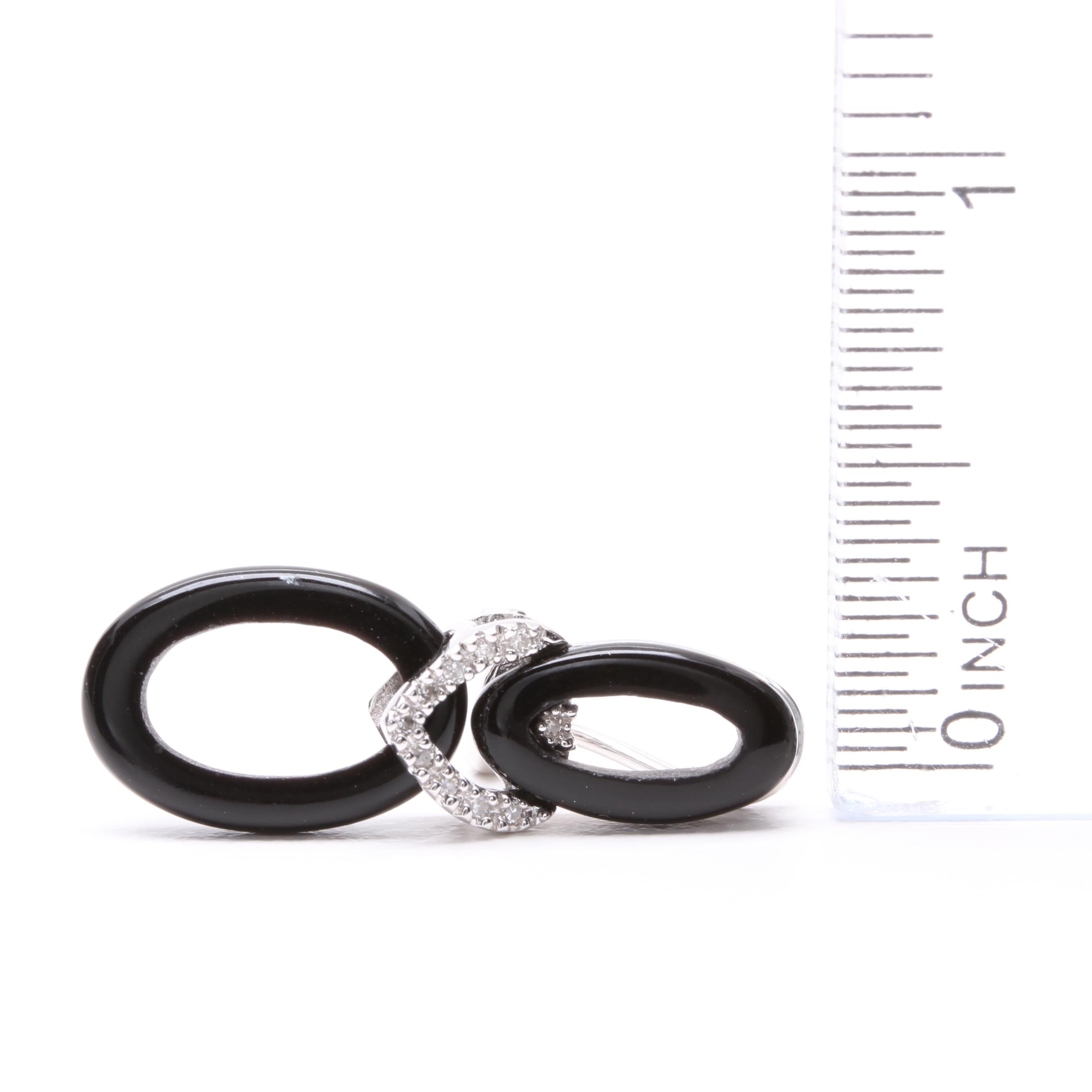 14K White Gold Imitation Onyx and Diamond Earrings