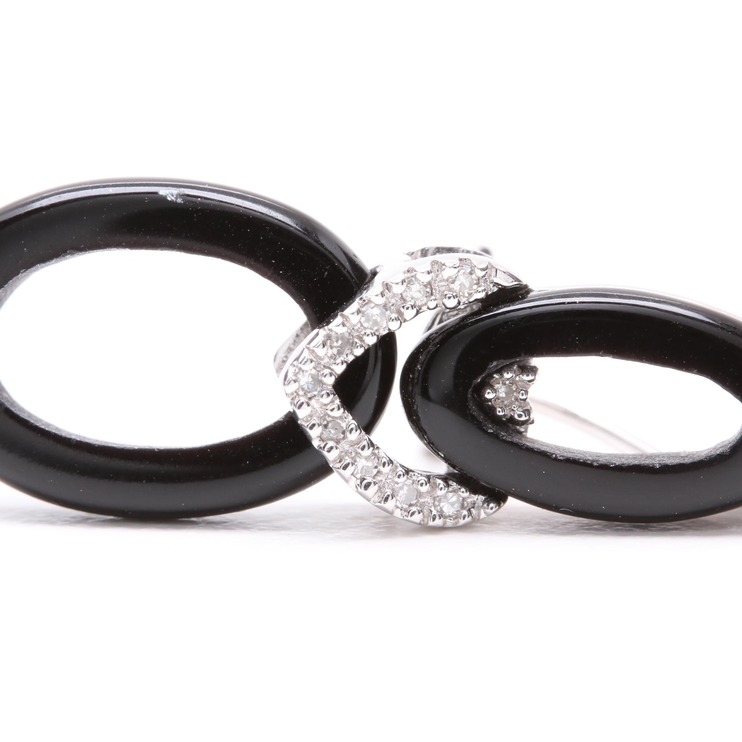 14K White Gold Imitation Onyx and Diamond Earrings