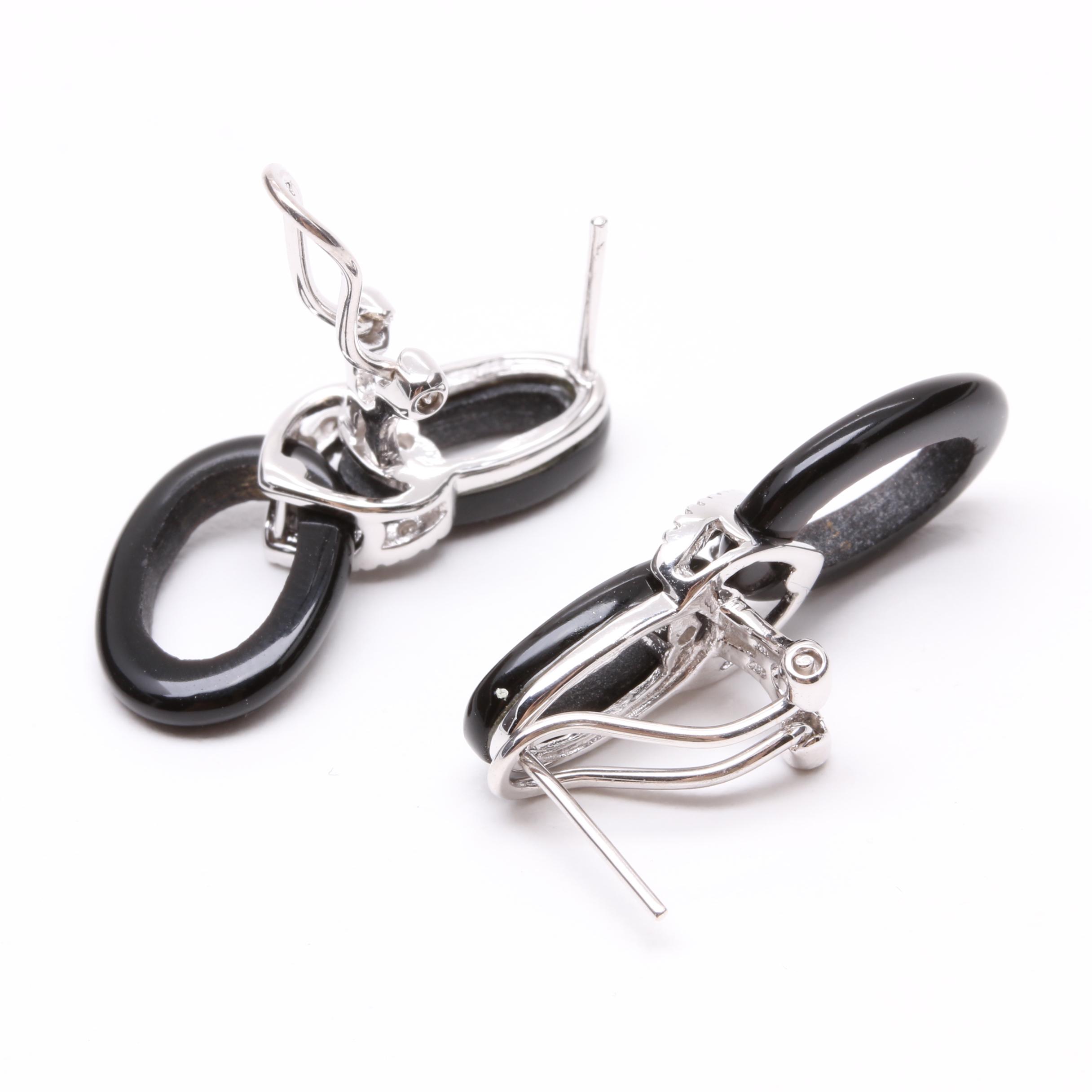 14K White Gold Imitation Onyx and Diamond Earrings