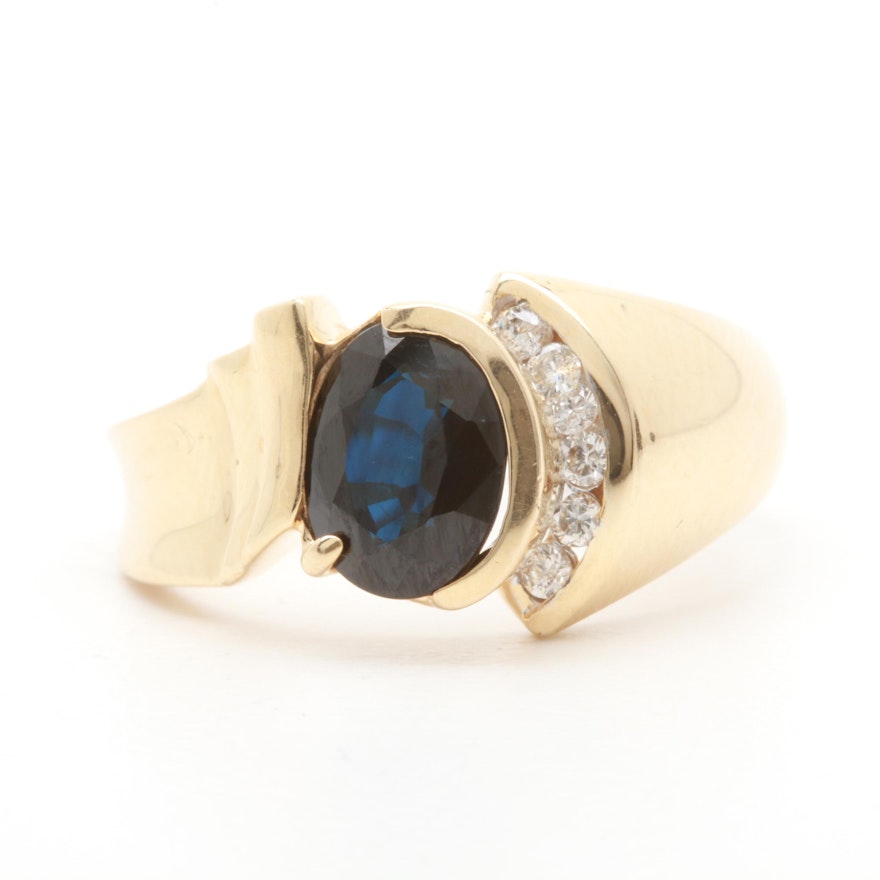 14K Yellow Gold Blue Sapphire and Diamond Ring