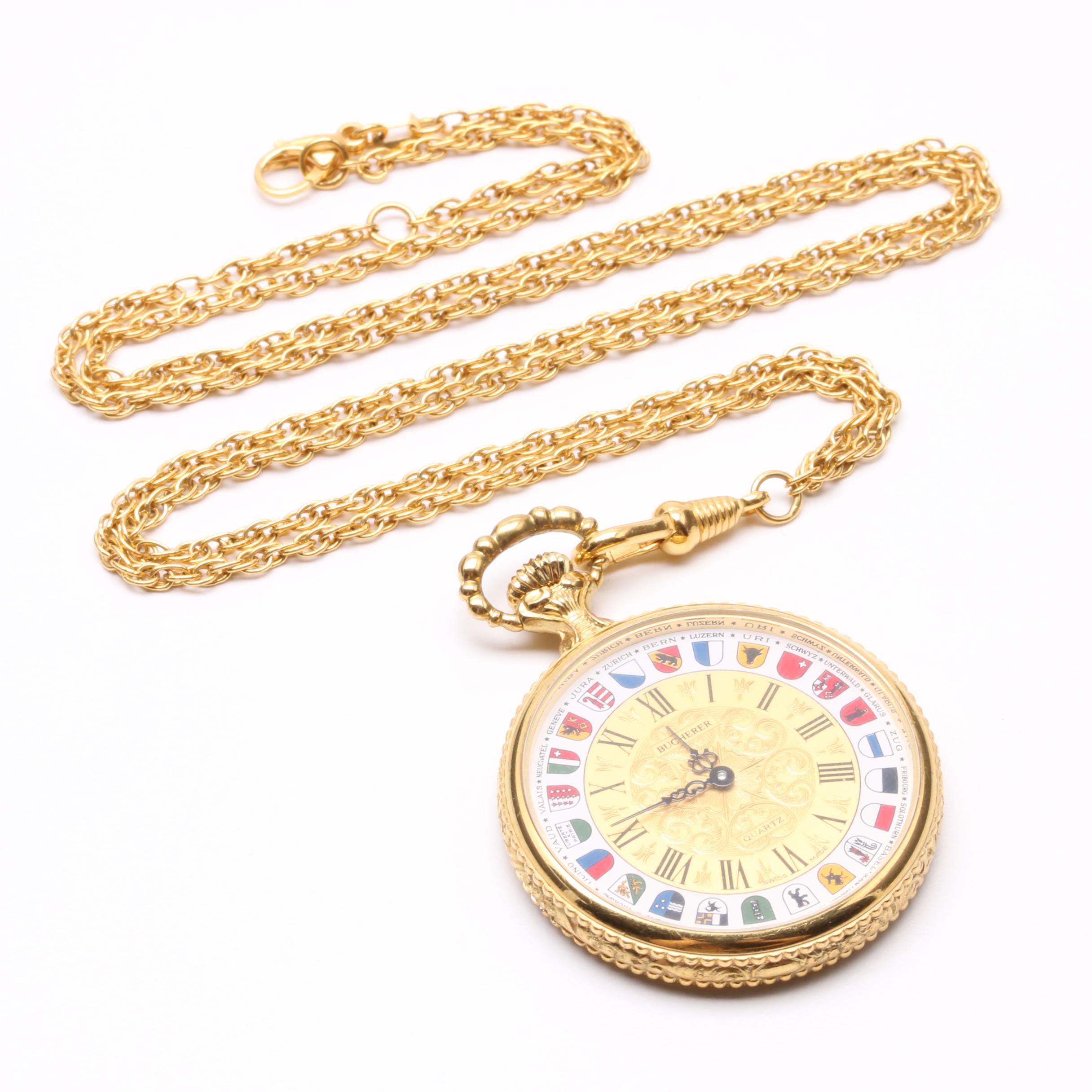 Bucherer Gold-Tone Worldwide Flag Pocket Watch with Chain