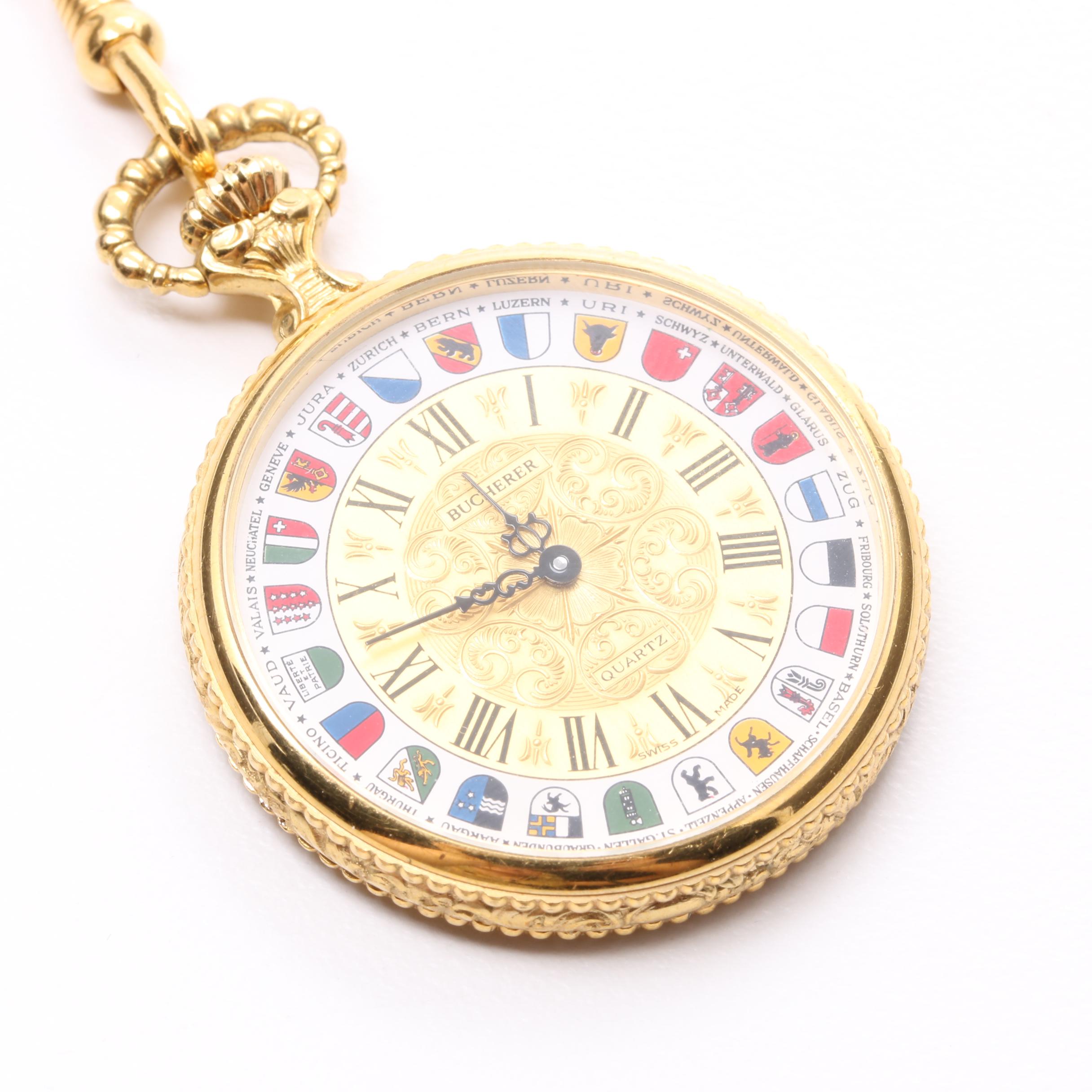 Bucherer Gold-Tone Worldwide Flag Pocket Watch with Chain