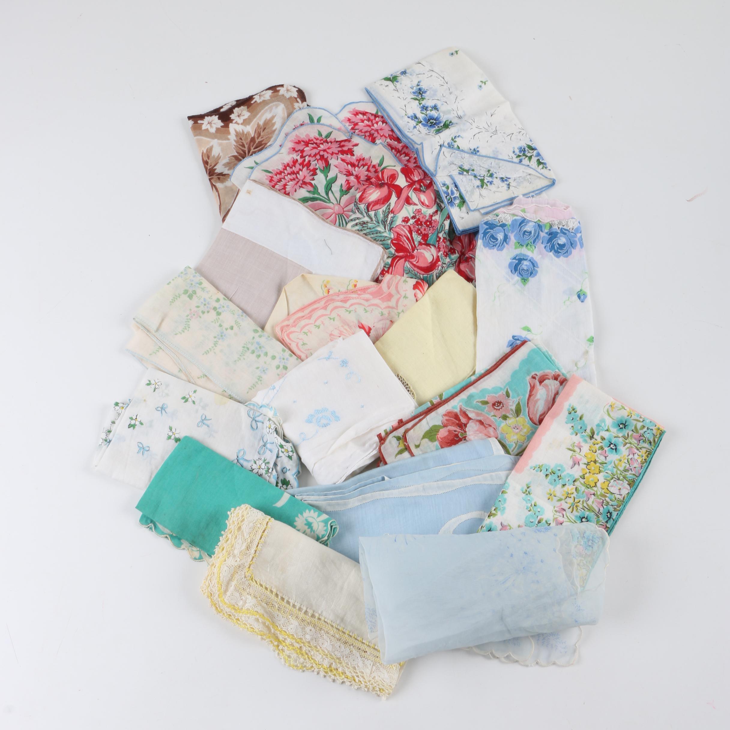 Women's Vintage Handkerchiefs Including Crochet, Embroidery and Floral Prints