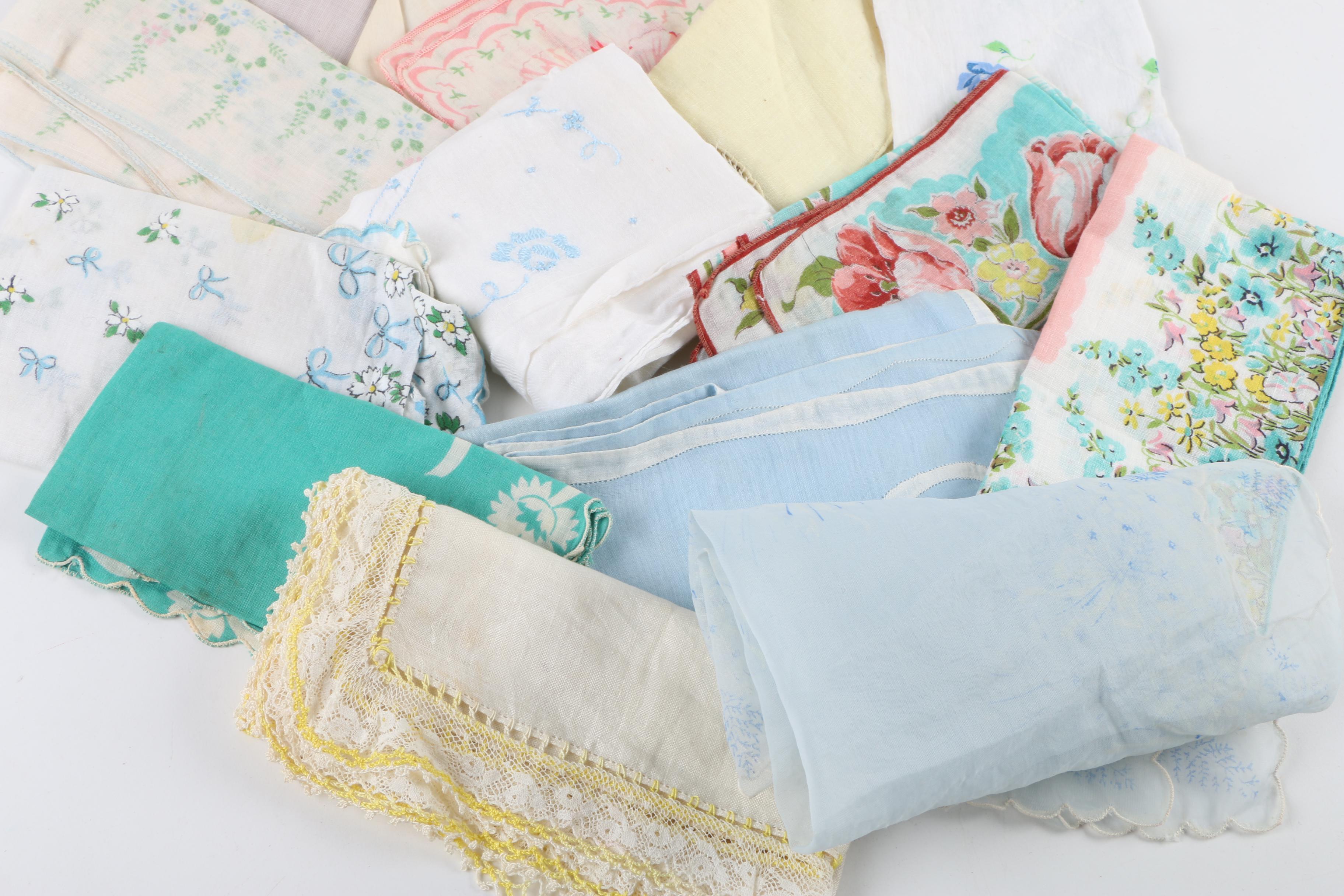 Women's Vintage Handkerchiefs Including Crochet, Embroidery and Floral Prints