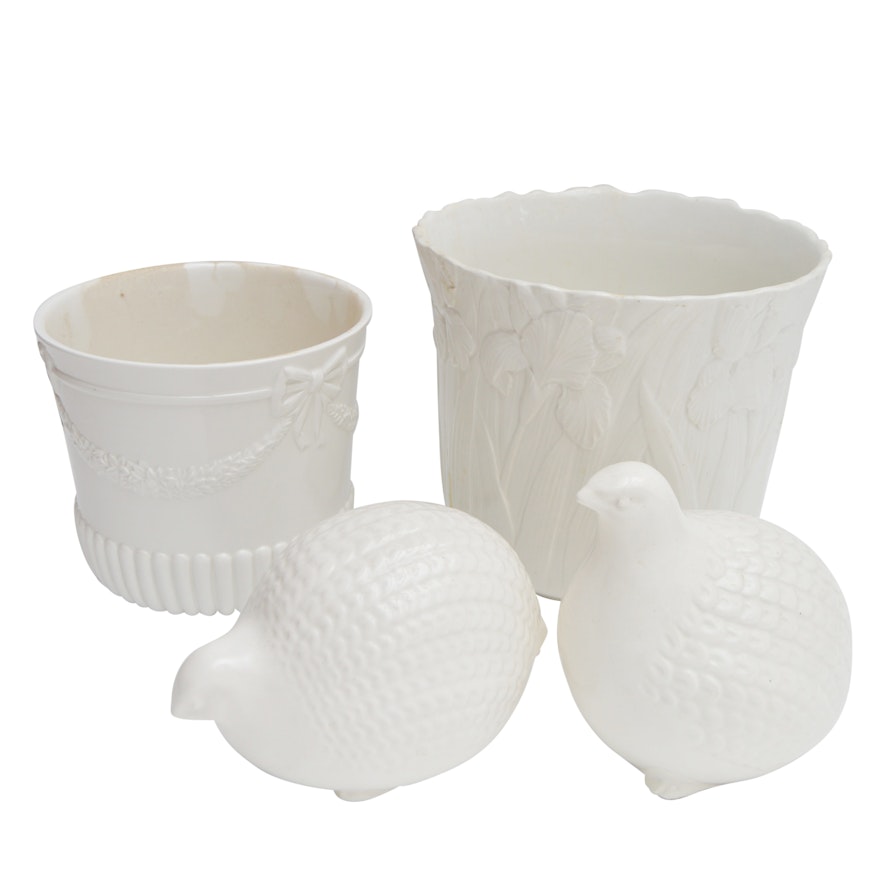 White Ceramic Planters and Quail Figurines