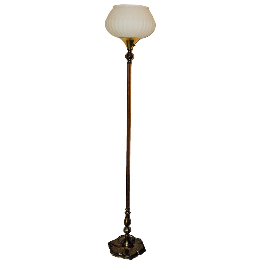 Metal and Wood Torchiere Floor Lamp With Glass Shade