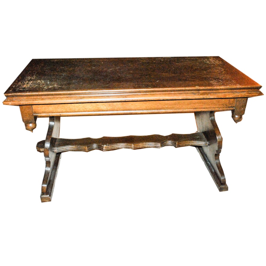 Dark Stained Oak Trestle Leg Coffee Table with Corner Drop Finials