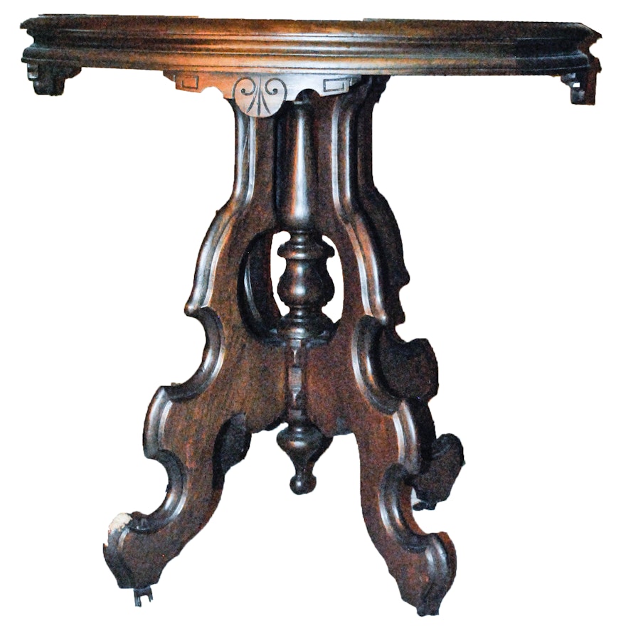 Eastlake Style Oval Top Walnut Side Table on Casters