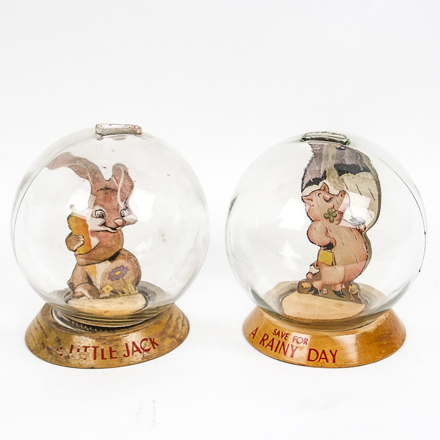 Vintage Bunny and Piggy Themed Glass Bubble Banks