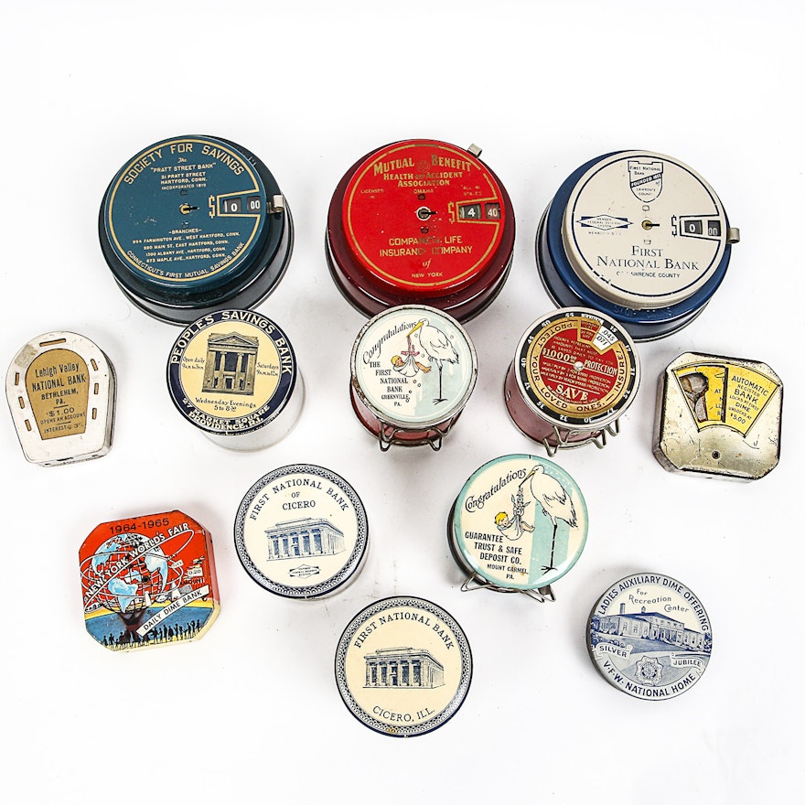 Vintage Metal Coin Banks, Including Add-A-Coin Banks and 1961