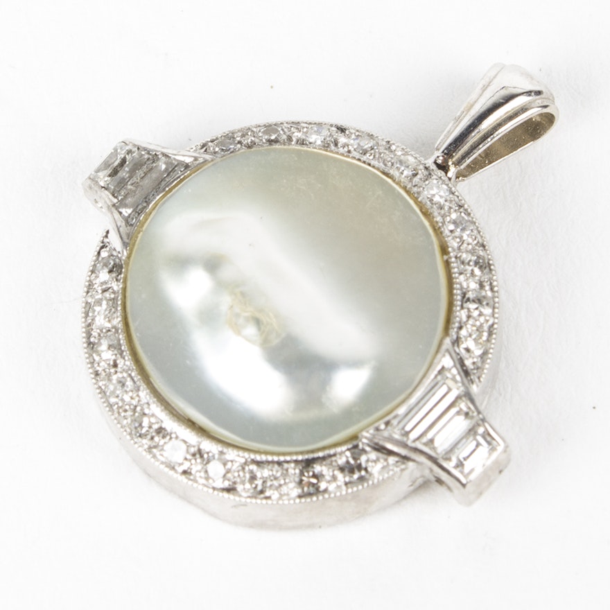 Platinum and 14K White Gold Pearl and Diamond Pendant