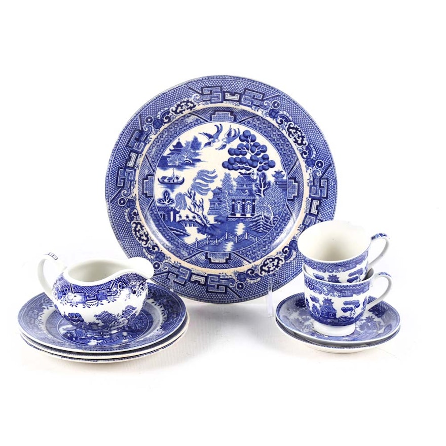 Assortment of Blue and White Willow Tableware