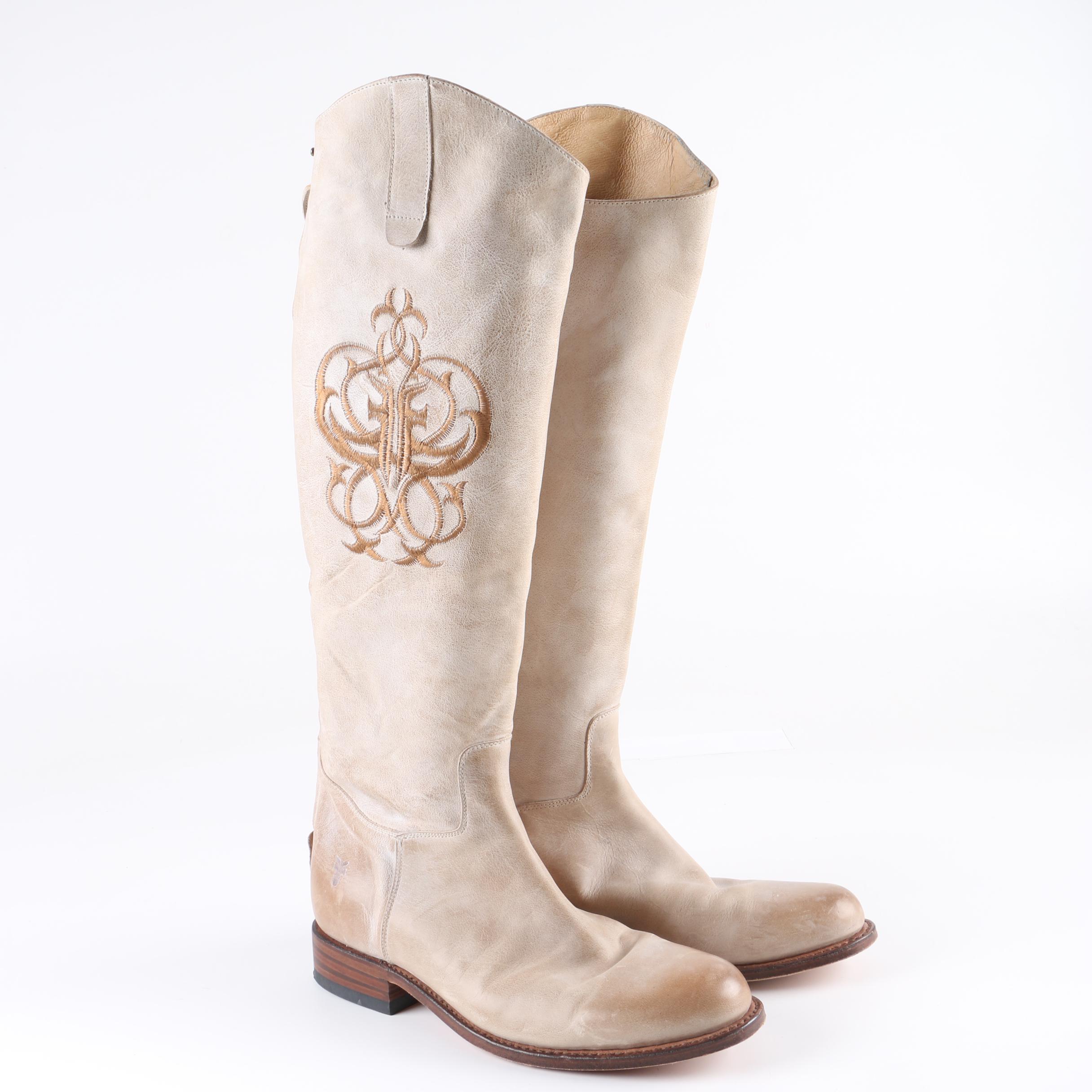 Women's Frye Off-White Leather Riding Boots with Embroidered Accents