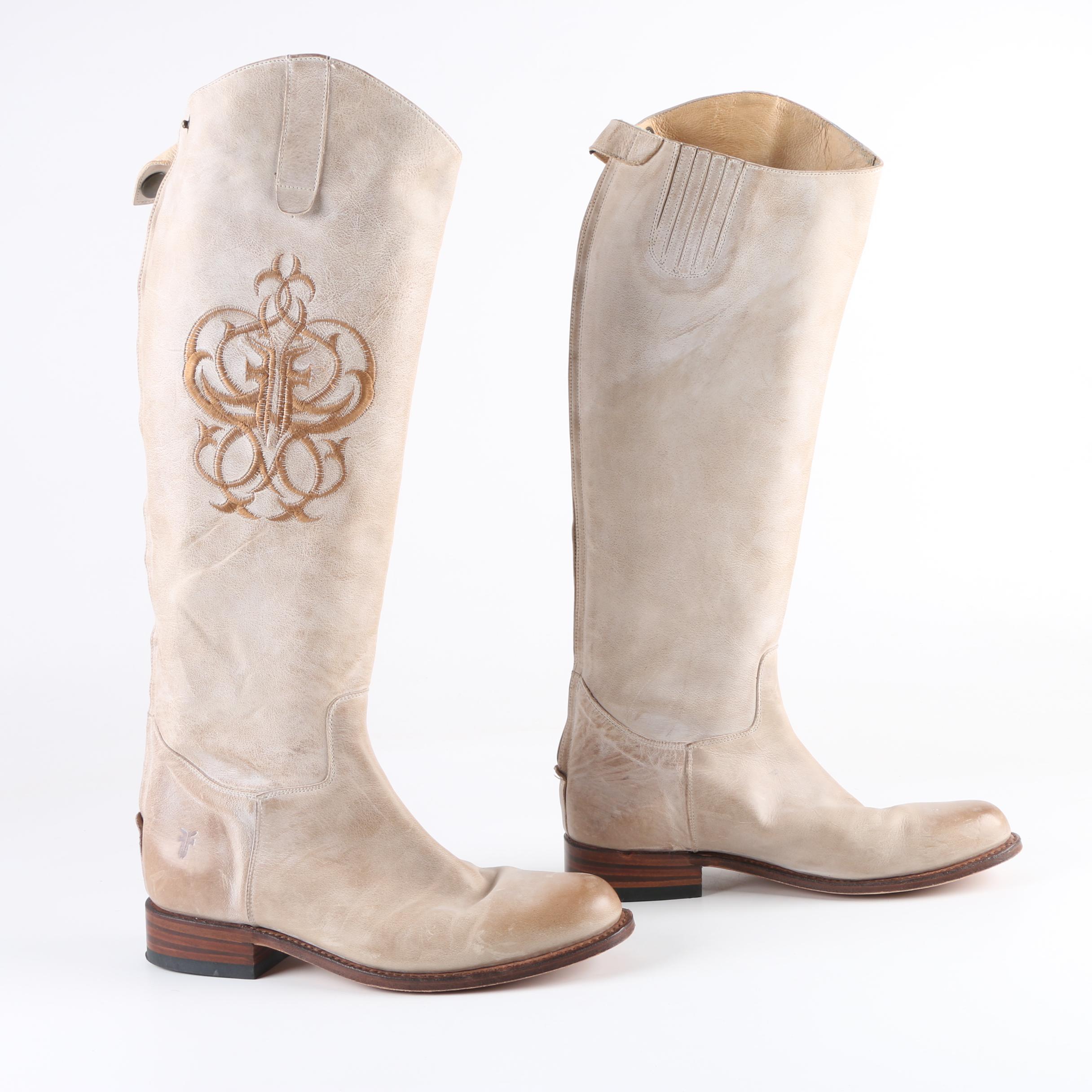Women's Frye Off-White Leather Riding Boots with Embroidered Accents