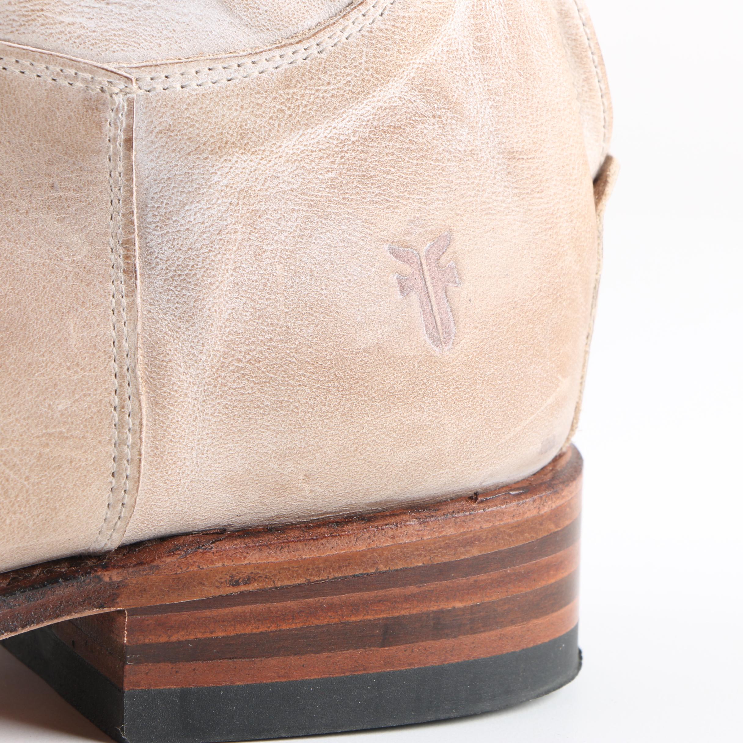 Women's Frye Off-White Leather Riding Boots with Embroidered Accents