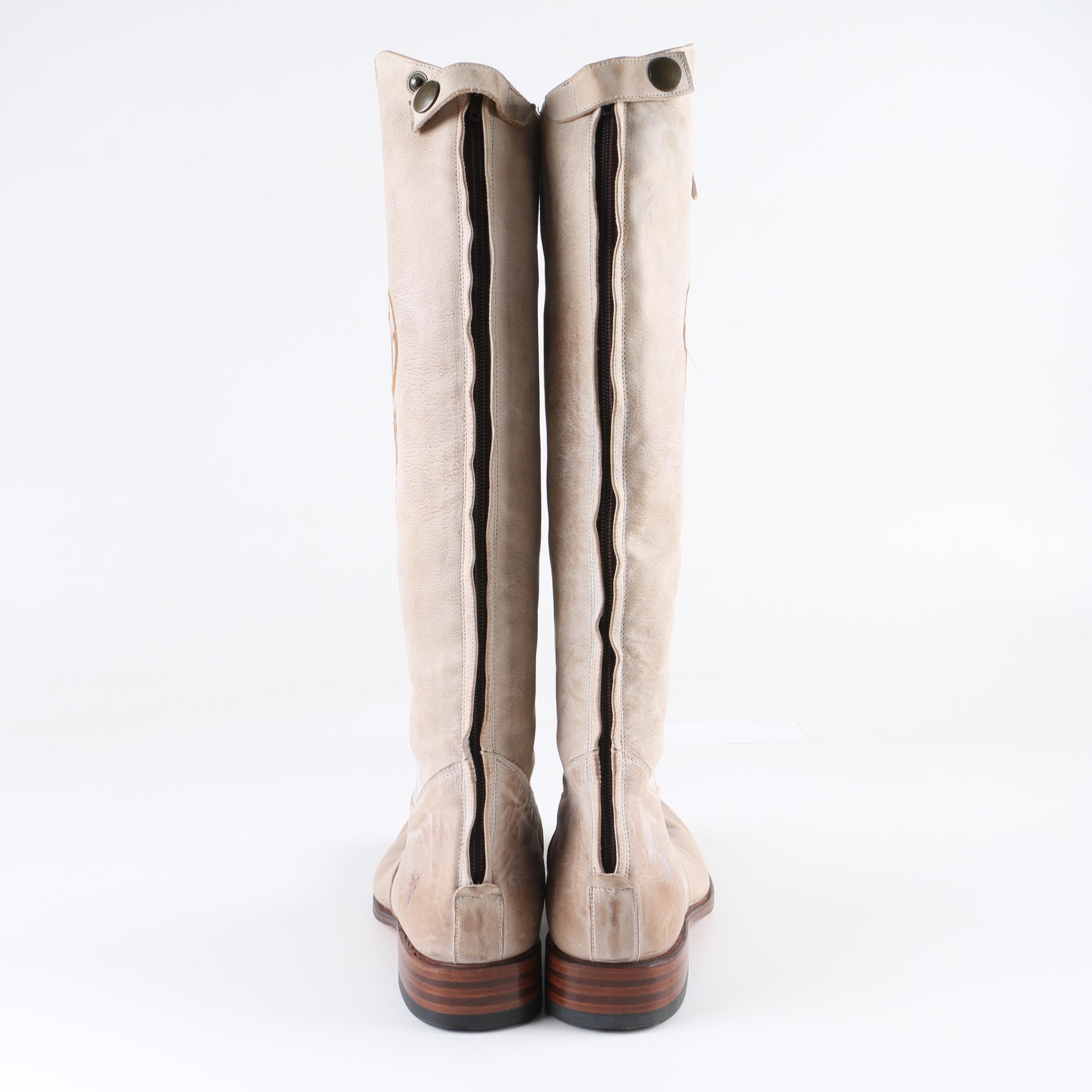 Women's Frye Off-White Leather Riding Boots with Embroidered Accents