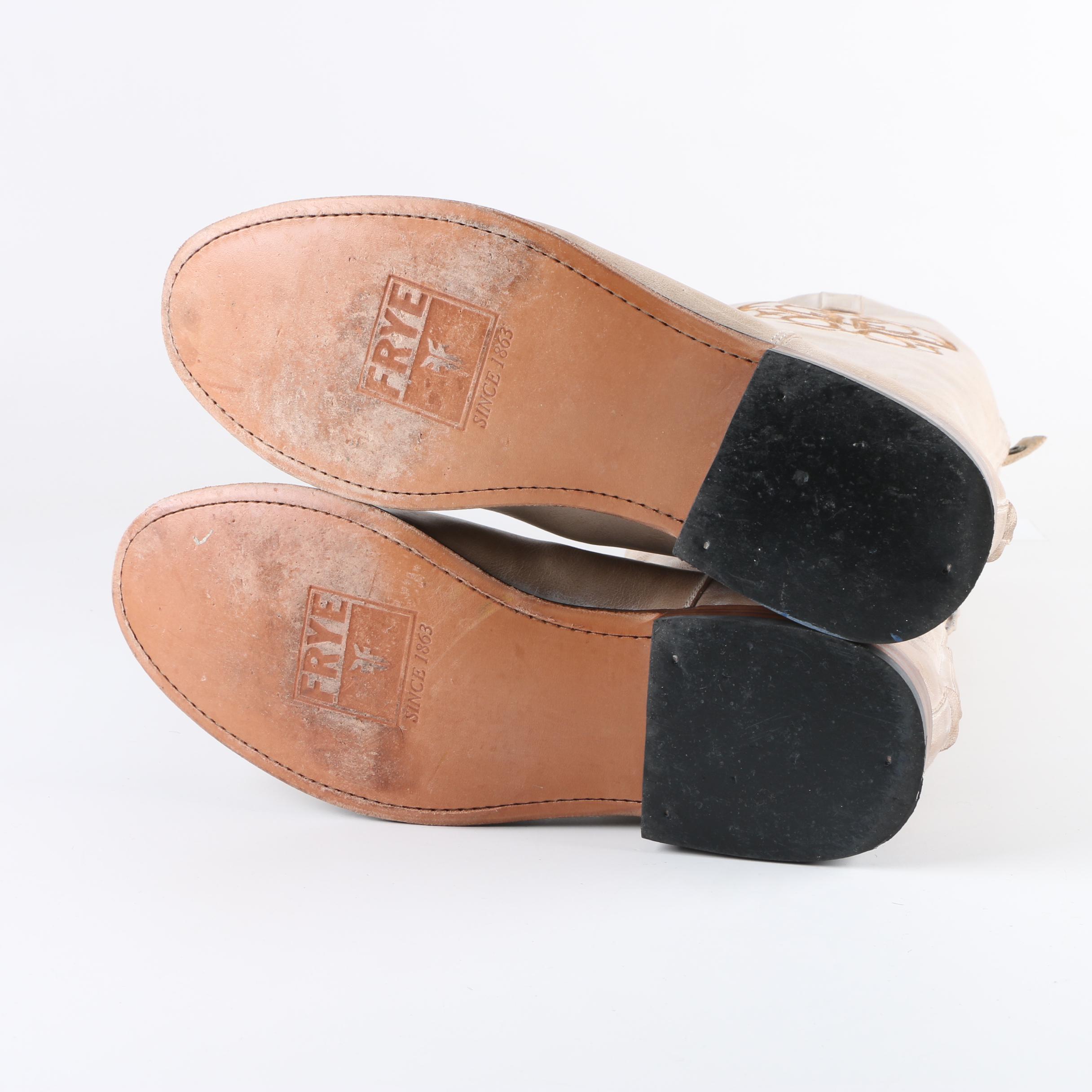 Women's Frye Off-White Leather Riding Boots with Embroidered Accents