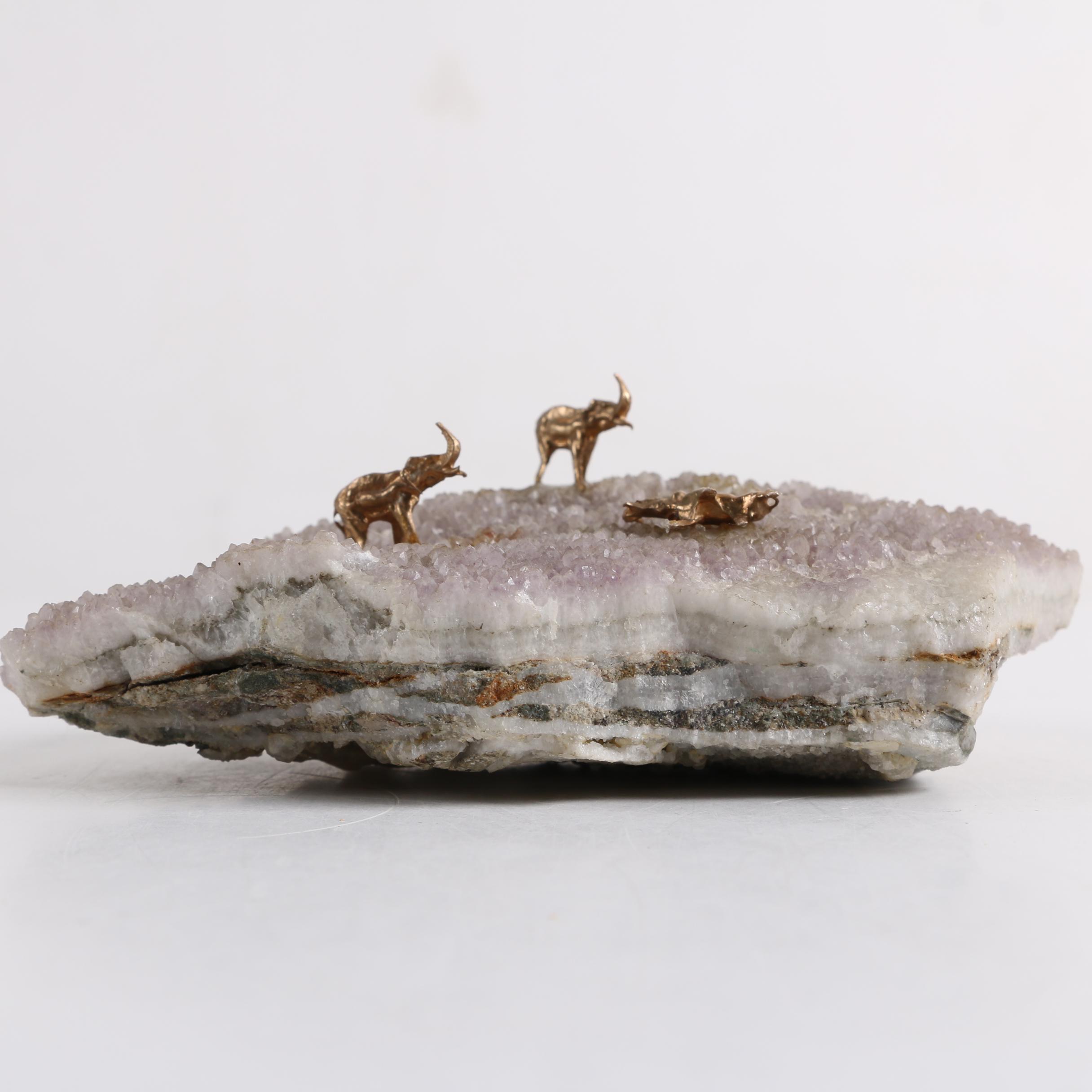 Crystal Geode with Metal Elephants